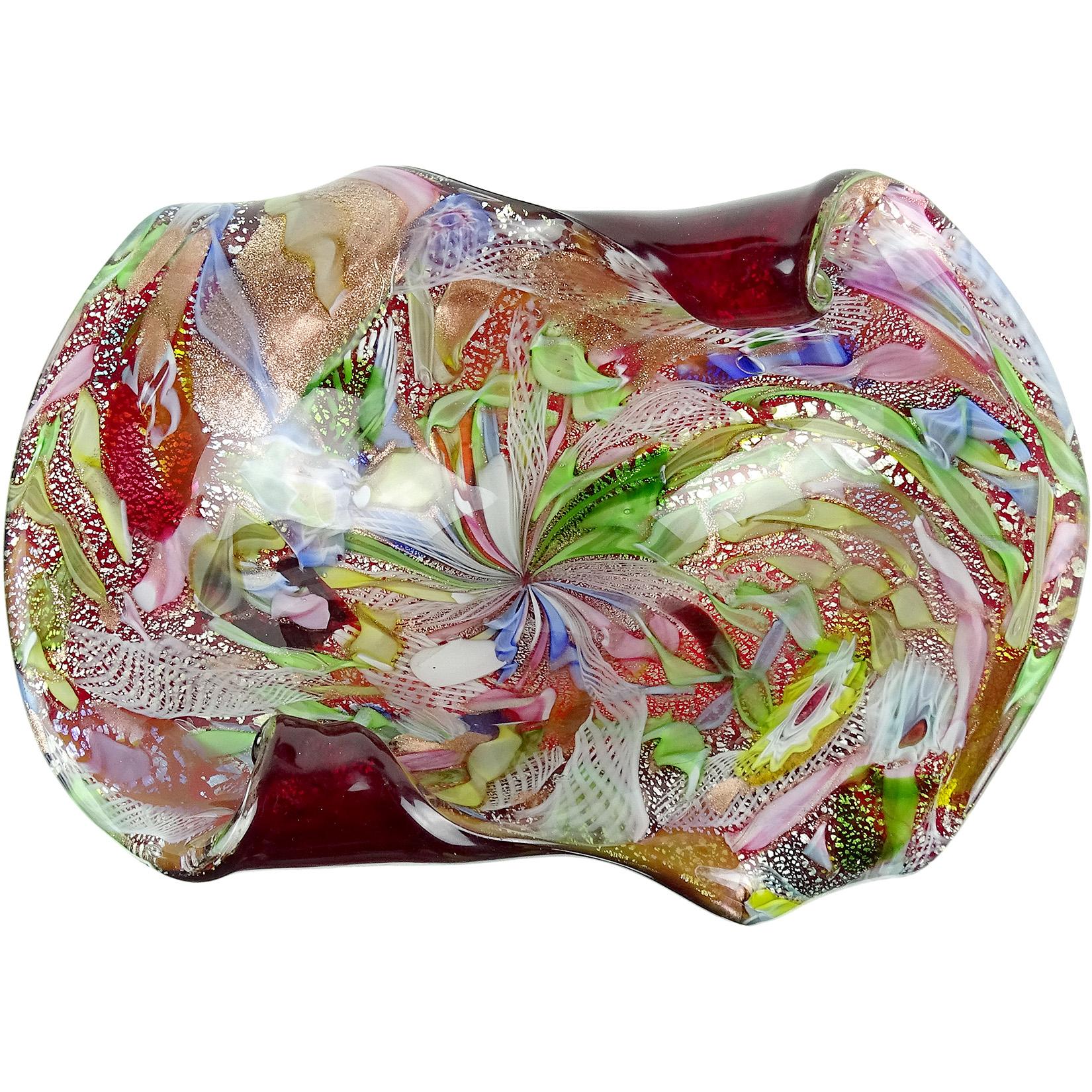 A.Ve.M. Murano Red Millefiori Flower Silver Flecks Ribbon Italian Art Glass Bowl