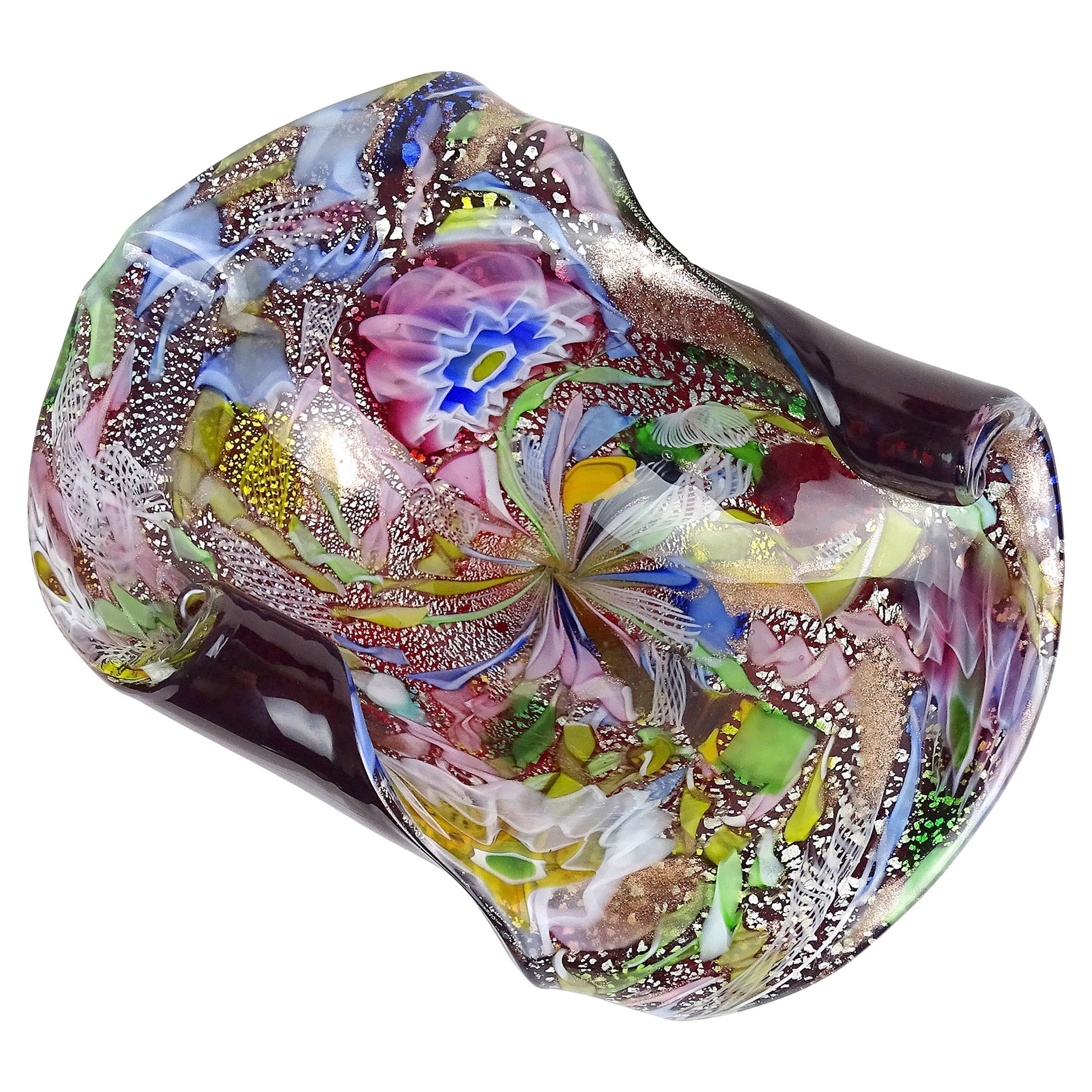 AVeM Murano Rot Millefiori Blume Silber Flecken Band Italienische Kunst Glas Schüssel