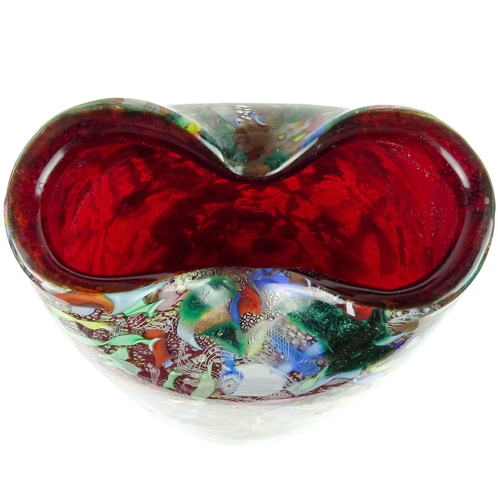 Mid-Century Modern A.Ve.M. Murano Red Millefiori Silver Flecks Ribbon Italian Art Glass Flower Vase