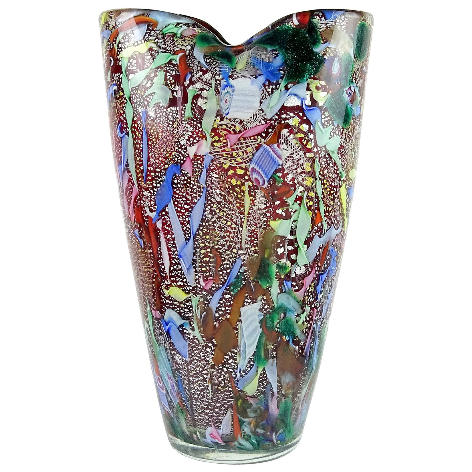 A.Ve.M. Murano Red Millefiori Silver Flecks Ribbon Italian Art Glass Flower Vase