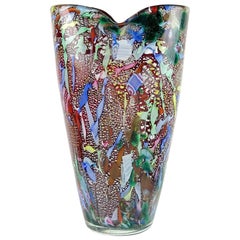 A.Ve.M. Murano Red Millefiori Silver Flecks Ribbon Italian Art Glass Flower Vase