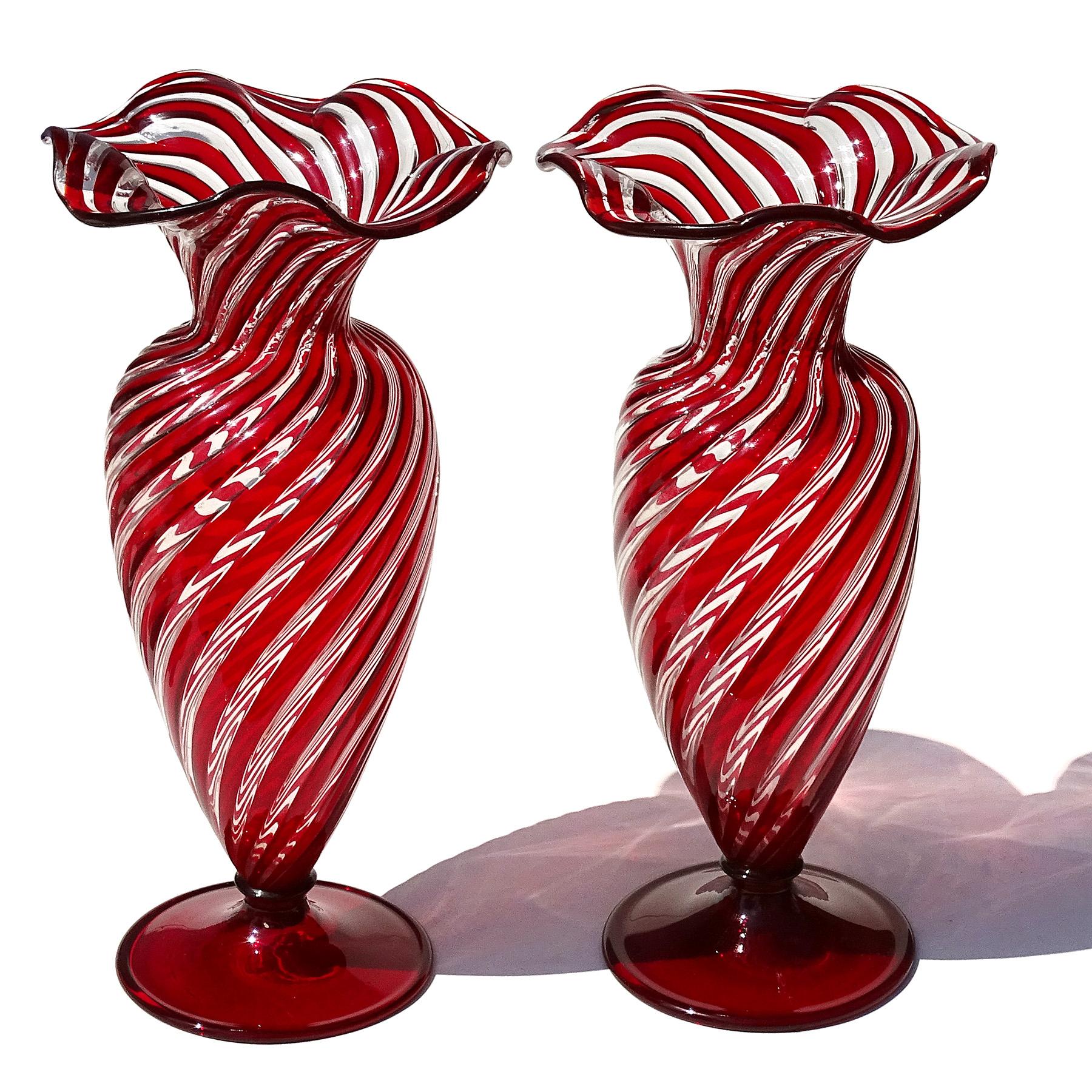 20th Century A.Ve.M. Murano Ruby Red Clear Ribbon Italian Art Glass Ruffle Rim Flower Vase For Sale