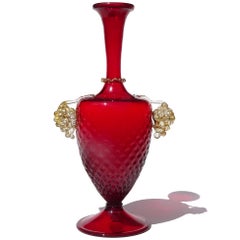 Murano AVeM Ruby Red Gold Grapes Italian Art Glass Dimpled Footed Flower Vase