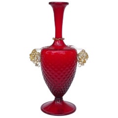 Murano AVeM Ruby Red Gold Grapes Italian Art Glass Dimpled Footed Flower Vase