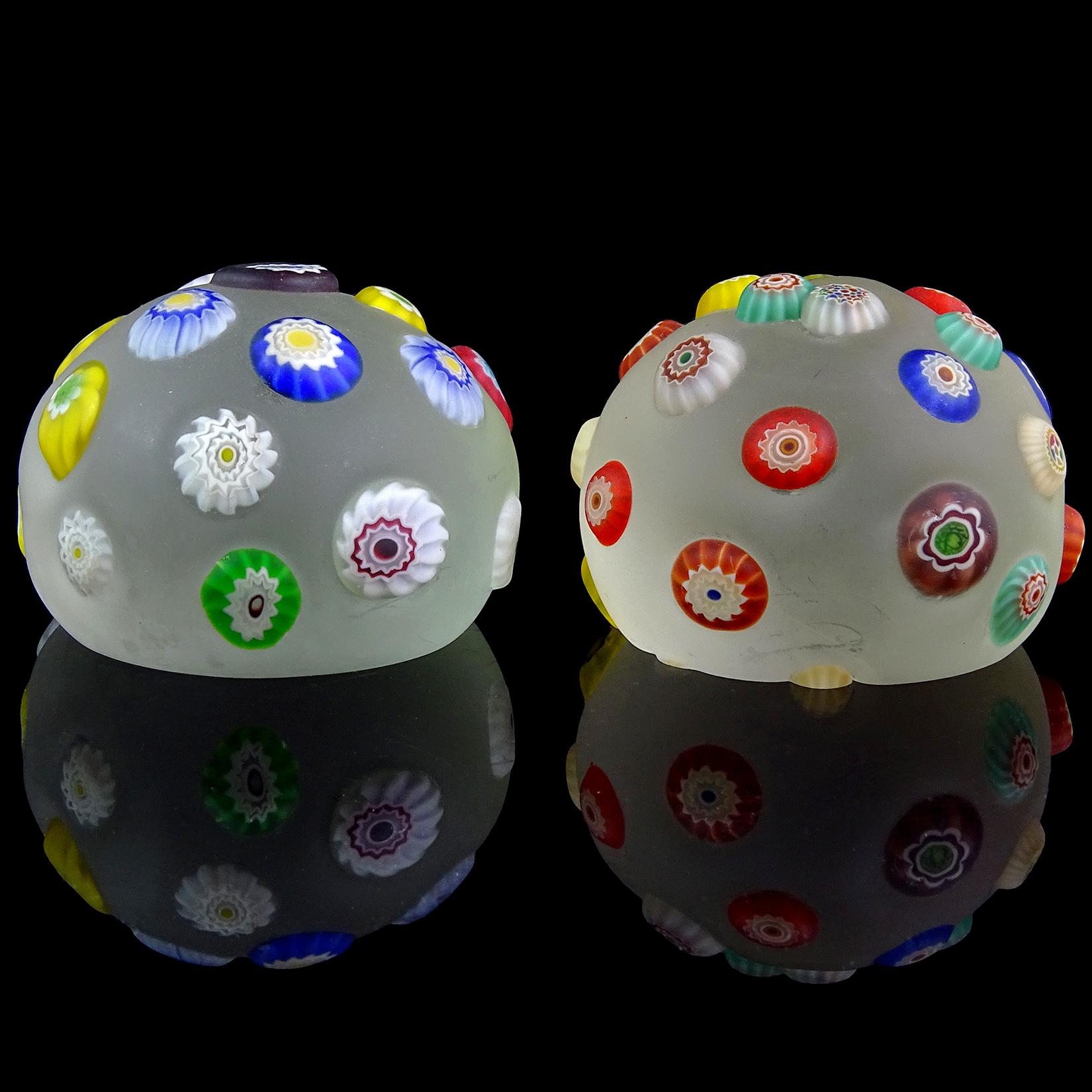 Hand-Crafted A.Ve.M. Murano Satin Surface Millefiori Flowers Italian Art Glass Paperweights For Sale