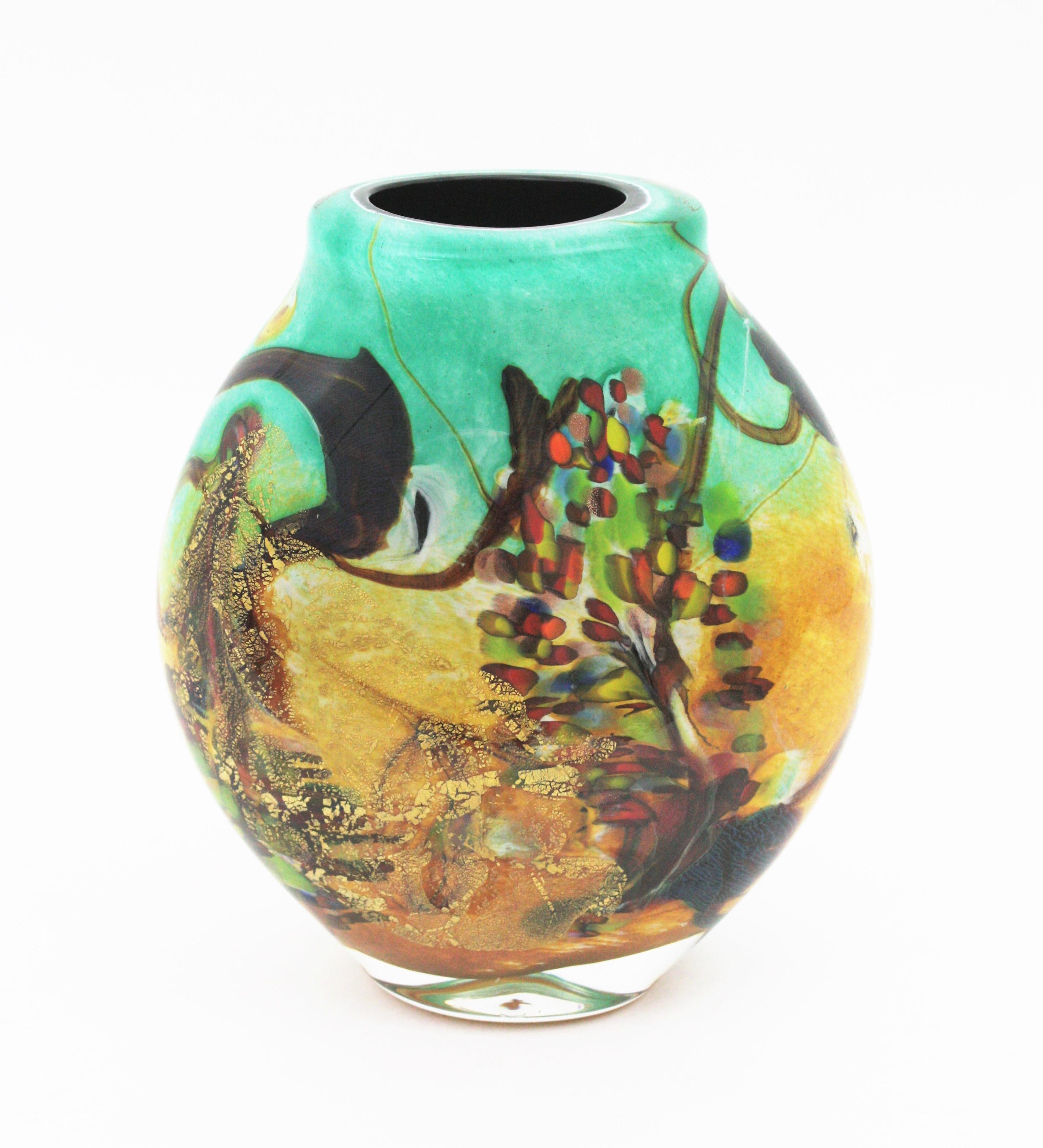 Gold Leaf AVEM Murano Tutti Frutti Murrine Multicolor Art Glass Vase, 1950s  For Sale
