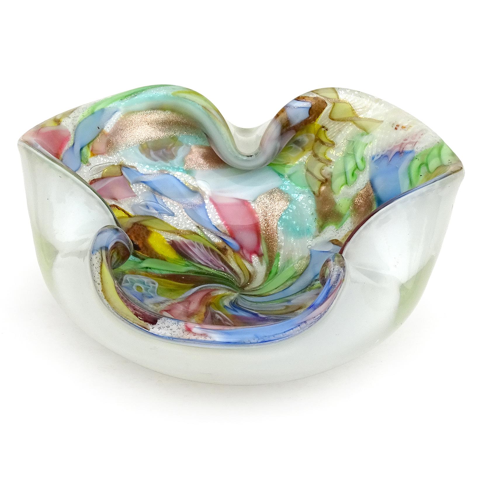 Beautiful vintage Murano hand blown white, silver flecks, copper aventurine, millefiori flower murrines and twisted ribbons Italian art glass bowl / ashtray. Documented to the A.Ve.M. (Arte Vetraria Muranese) company. The pattern is featured in the