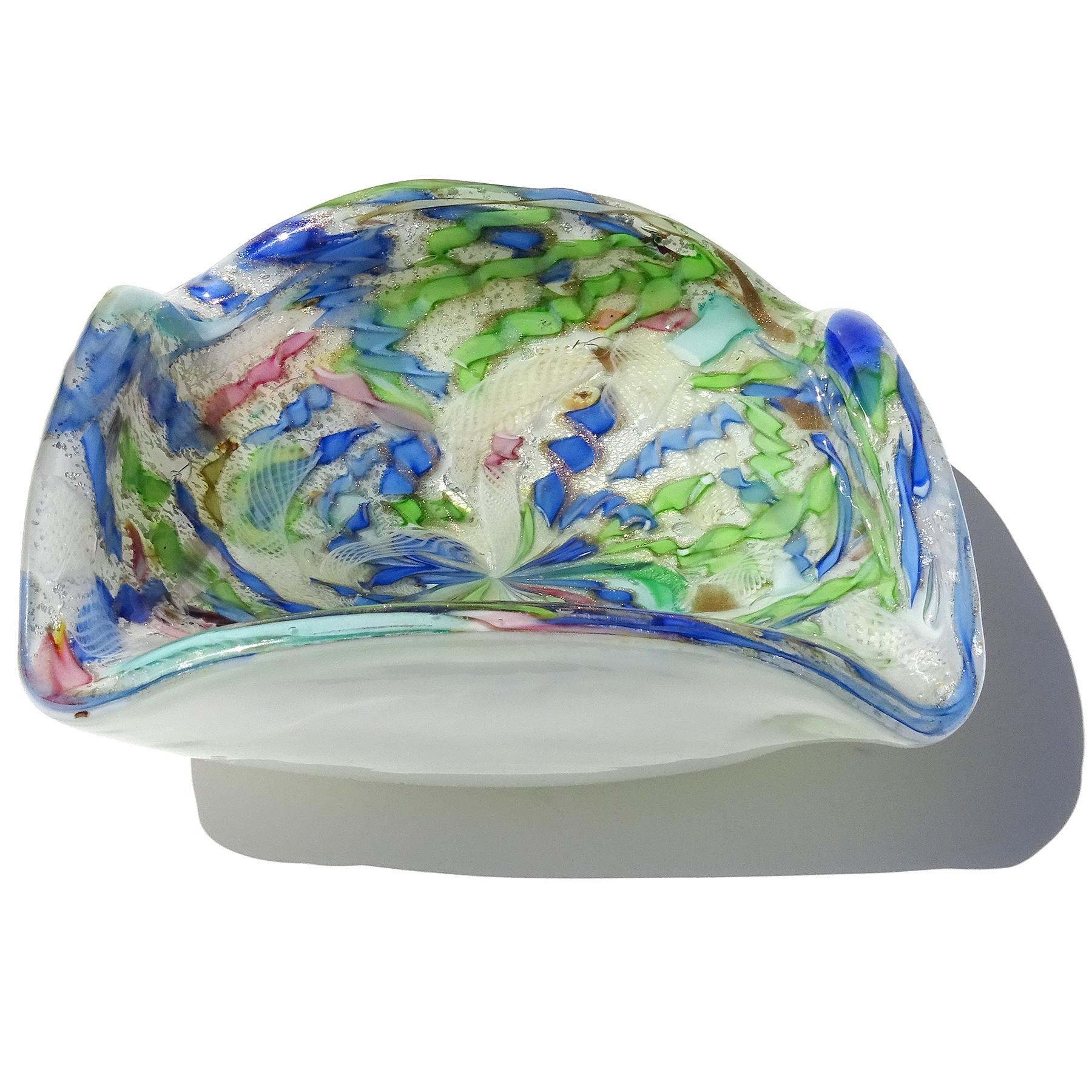 Beautiful vintage Murano hand blown white, silver flecks, copper aventurine, millefiori flower murrines and twisted ribbons Italian art glass bowl / ashtray. Documented to the A.Ve.M. (Arte Vetraria Muranese) company. The pattern is published in the