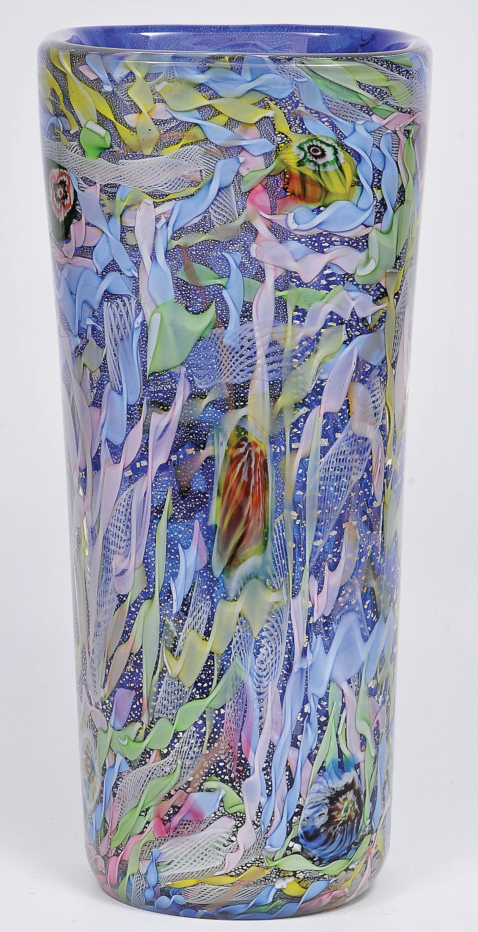 Italian AVeM Vase, Artistic Blown Murano Glass, Multicolored and Blue, circa 1950 For Sale