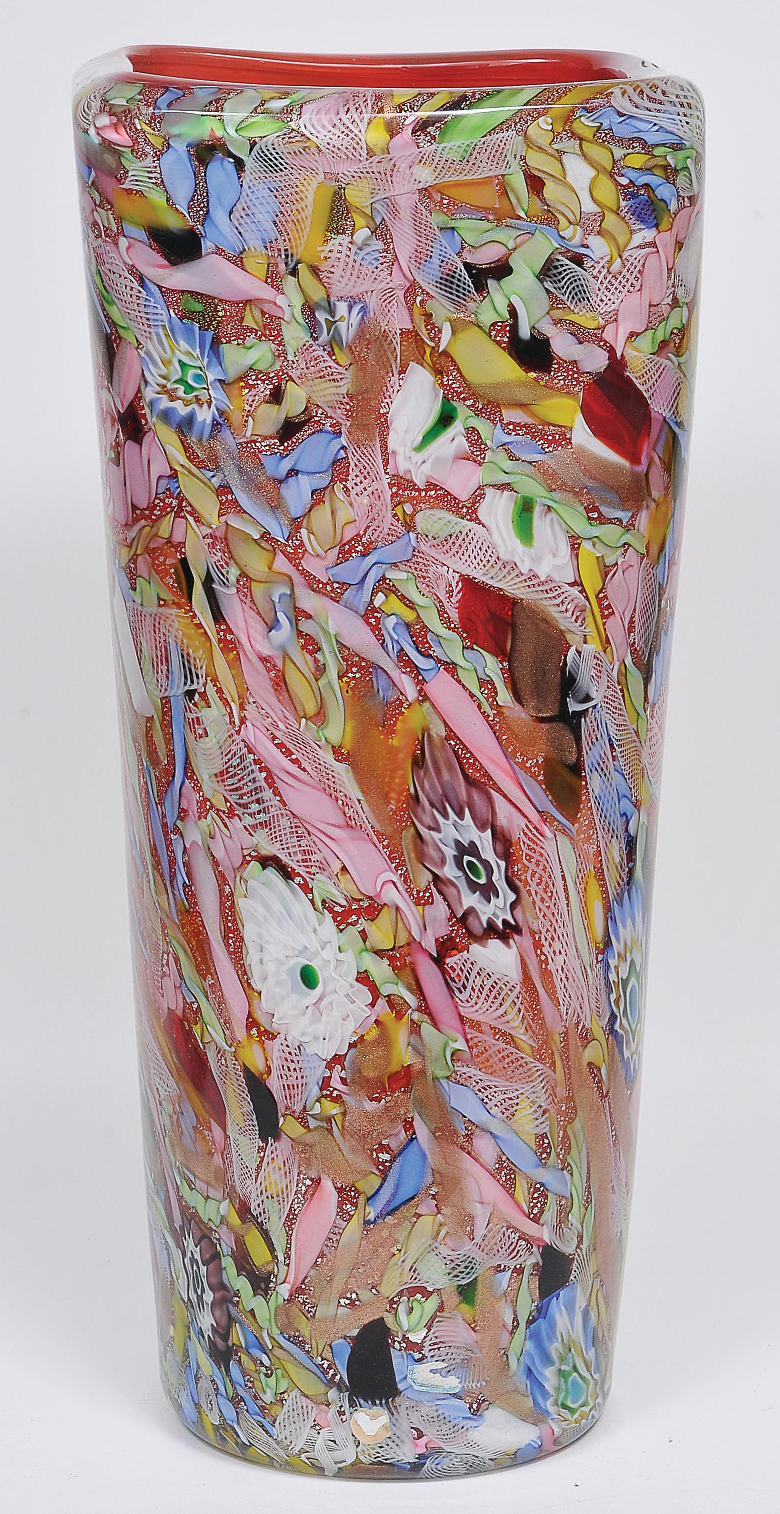 Mid-Century Modern AVeM Vase, Artistic Blown Murano Glass, Multicolored and Red, circa 1950 For Sale