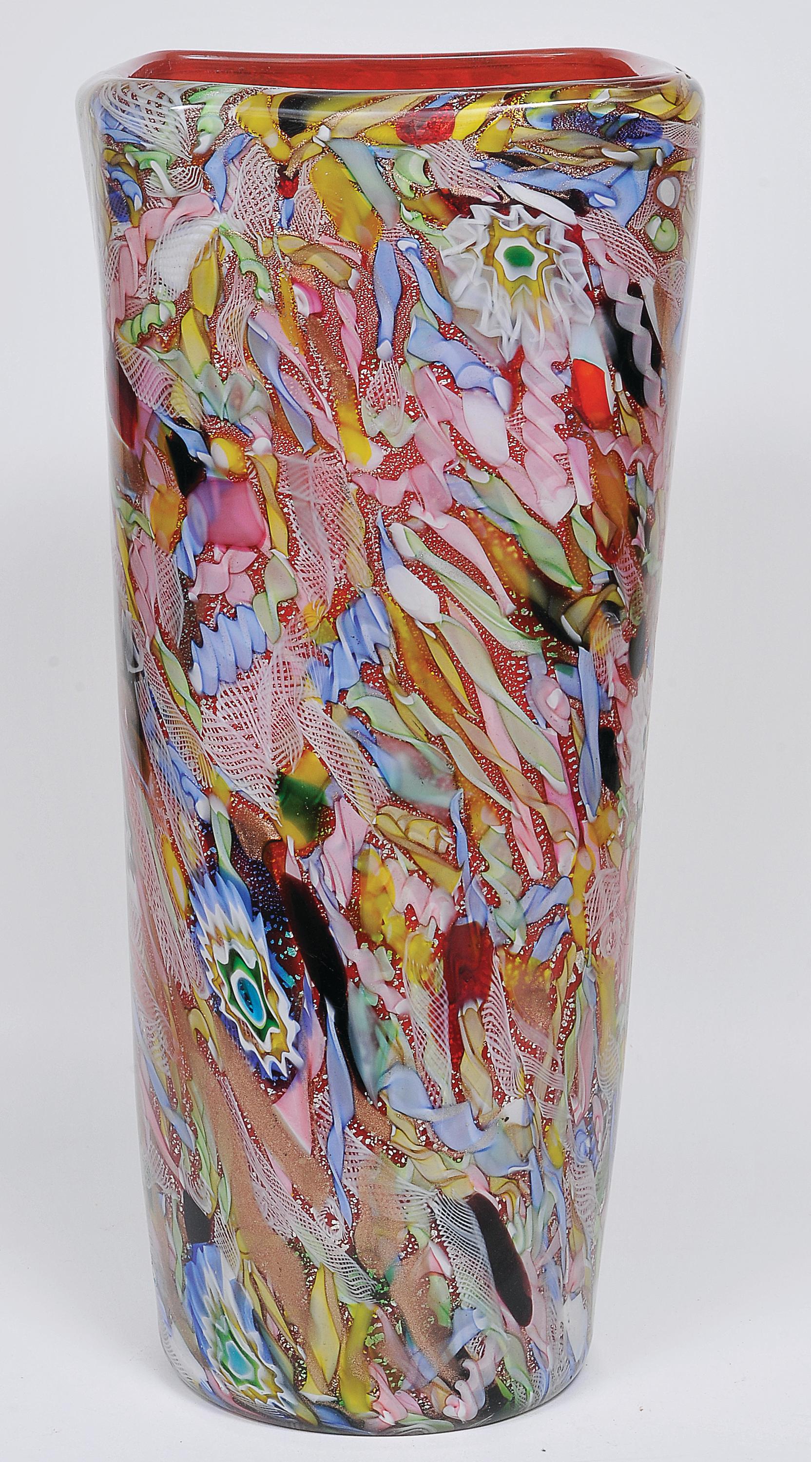 Italian AVeM Vase, Artistic Blown Murano Glass, Multicolored and Red, circa 1950 For Sale