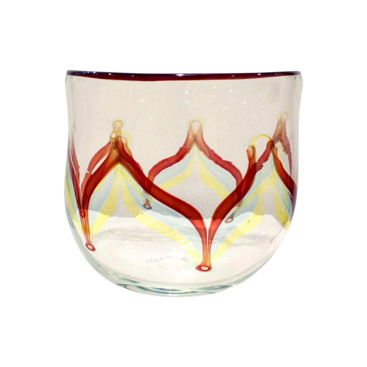 Handblown glass vase with red, light blue and yellow clear rod decoration and red rim by Arte Vetraria Muranese (A.V.E.M.), Murano Italy, 1950s.