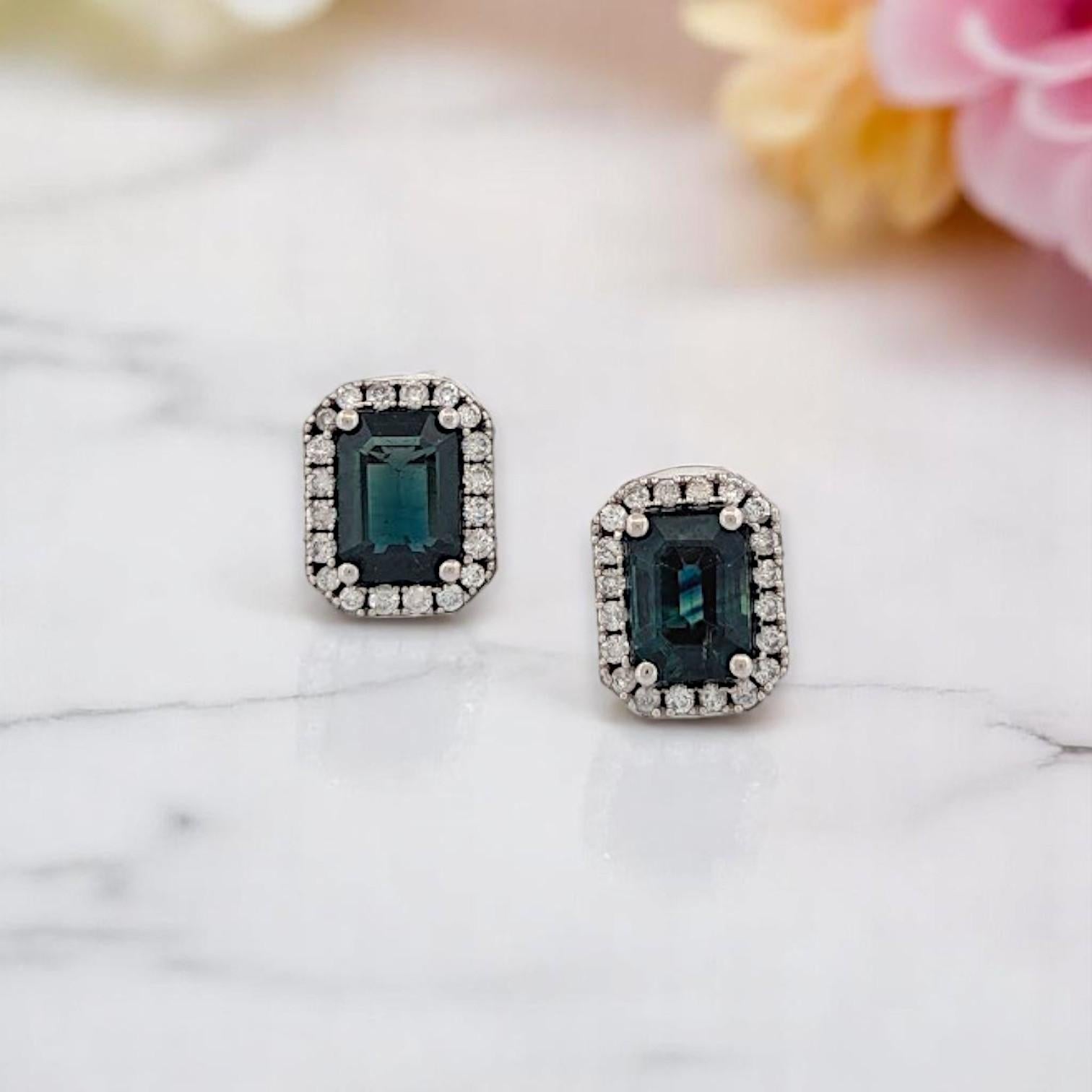 Boucles d'oreilles en saphir vert Aven  Boucles d'oreilles en or blanc 14 carats avec diamants ronds naturels Pour femmes en vente