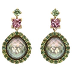 Aventina-Spencer, Green Sapphire, Malaya Garnet, Faceted Tahitian Pearl Earrings