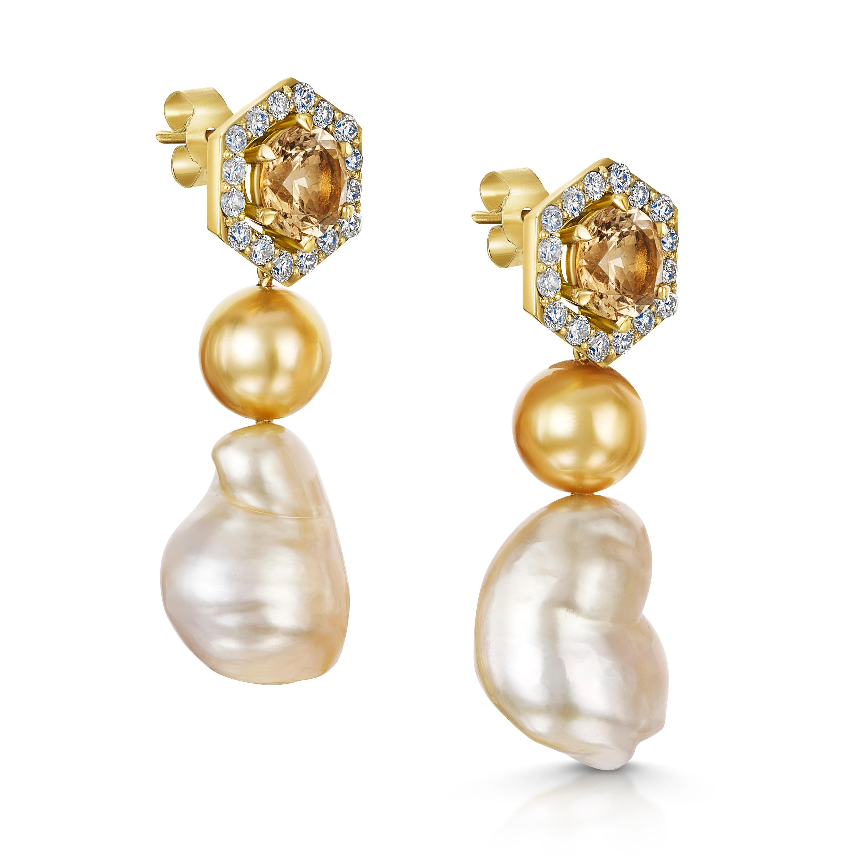 By Aventina-Spencer, these one-of-a-kind handcrafted earrings feature round brilliant cut Imperial Topaz centerstones surrounded by 0.85 carats of fine white diamonds (G/VS), 8mm round Conscious Golden South Sea Pearls and 15mm Conscious Golden