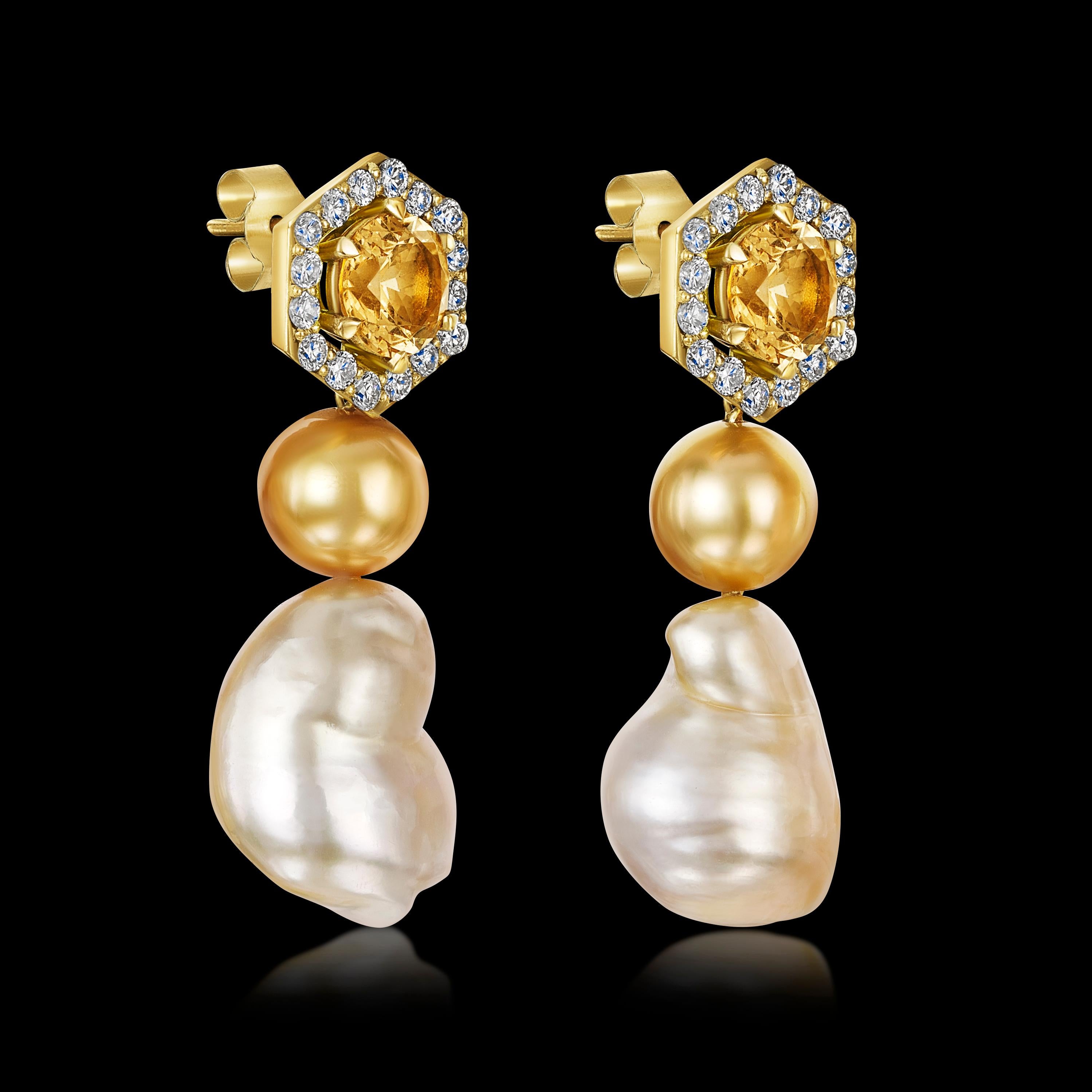 Contemporary Aventina-Spencer, Imperial Topaz, Diamond, Golden South Sea Pearl Earrings For Sale