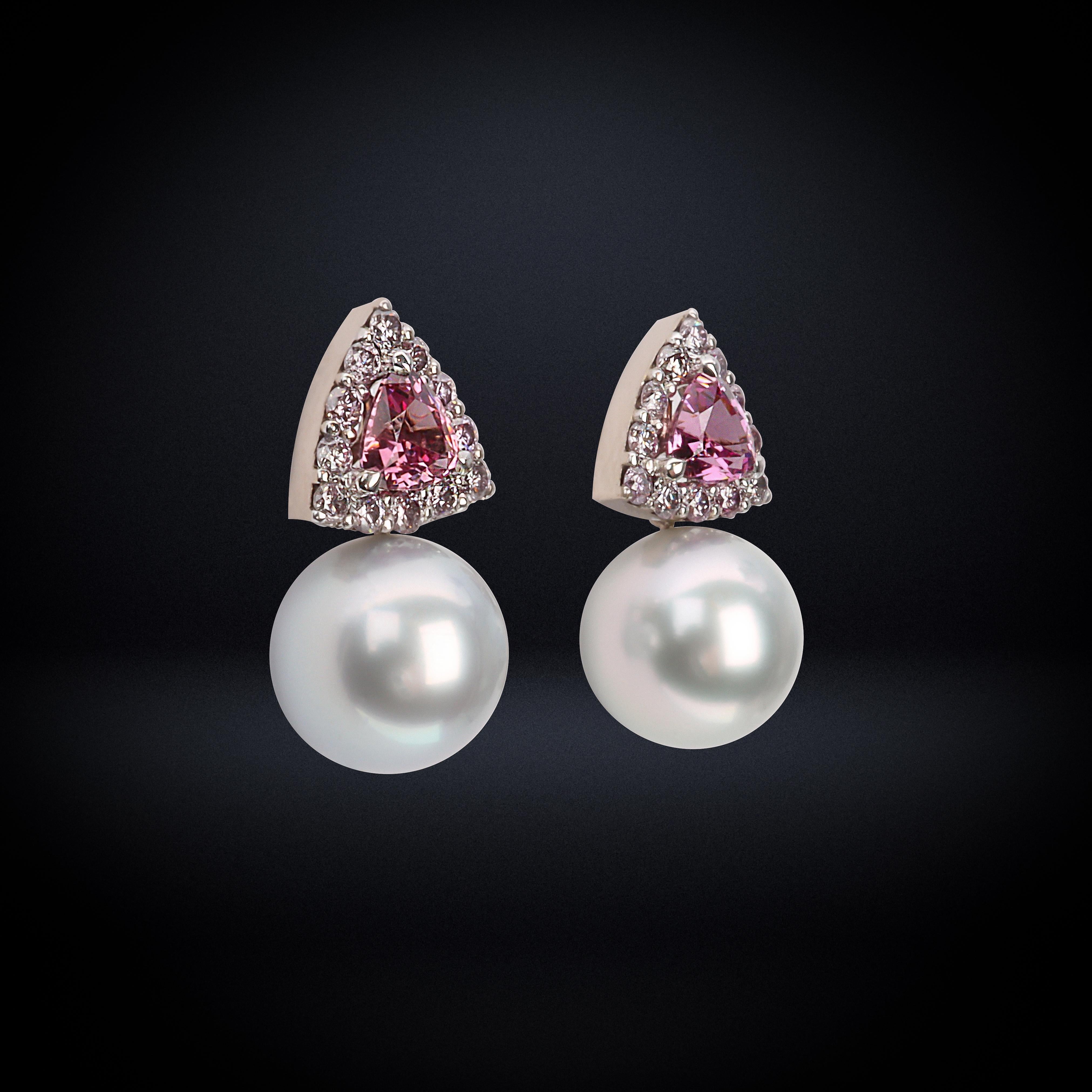 Contemporary Aventina-Spencer, Lavender Diamond, Malaya Garnet and Tahitian Pearl Earrings For Sale