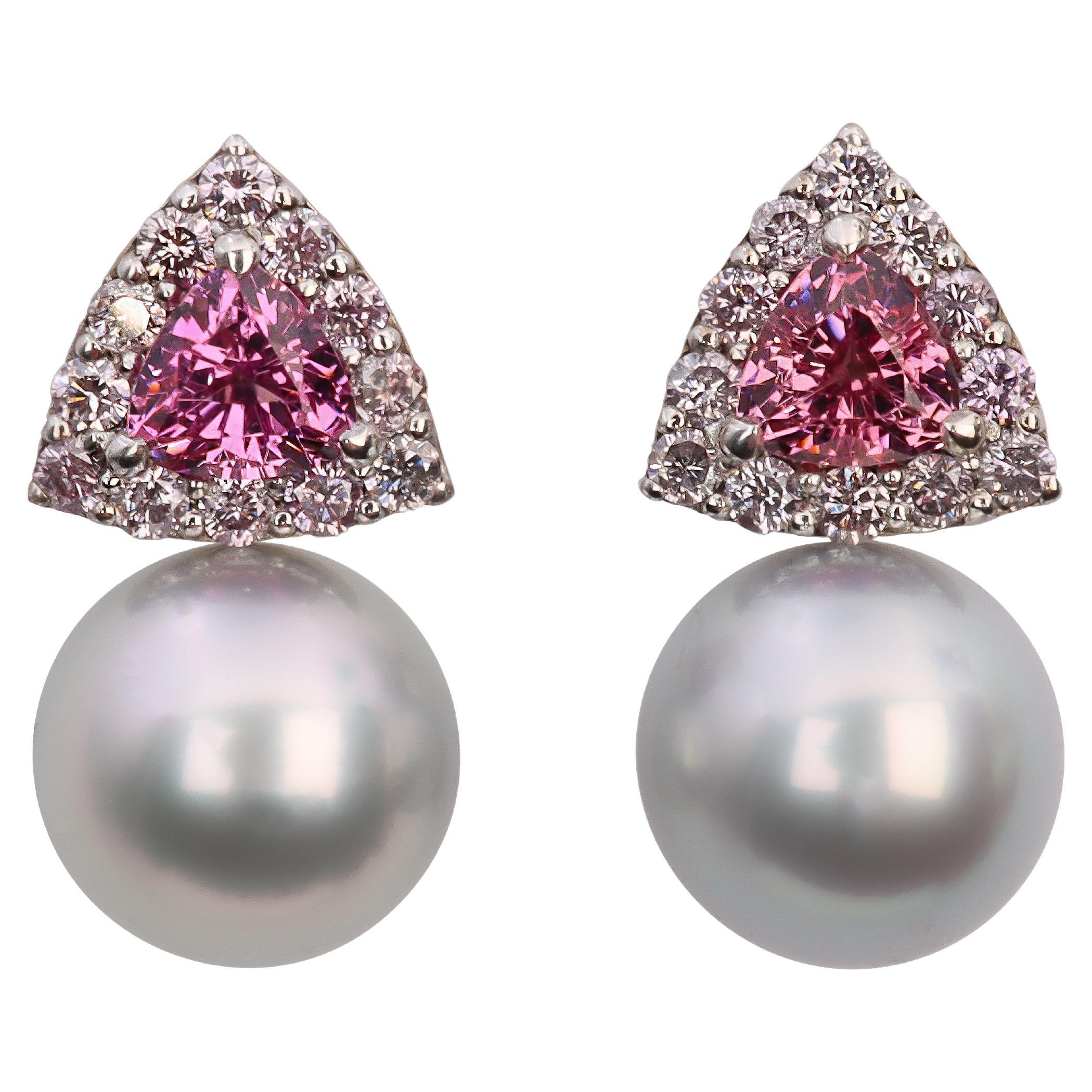 Aventina-Spencer, Lavender Diamond, Malaya Garnet and Tahitian Pearl Earrings For Sale