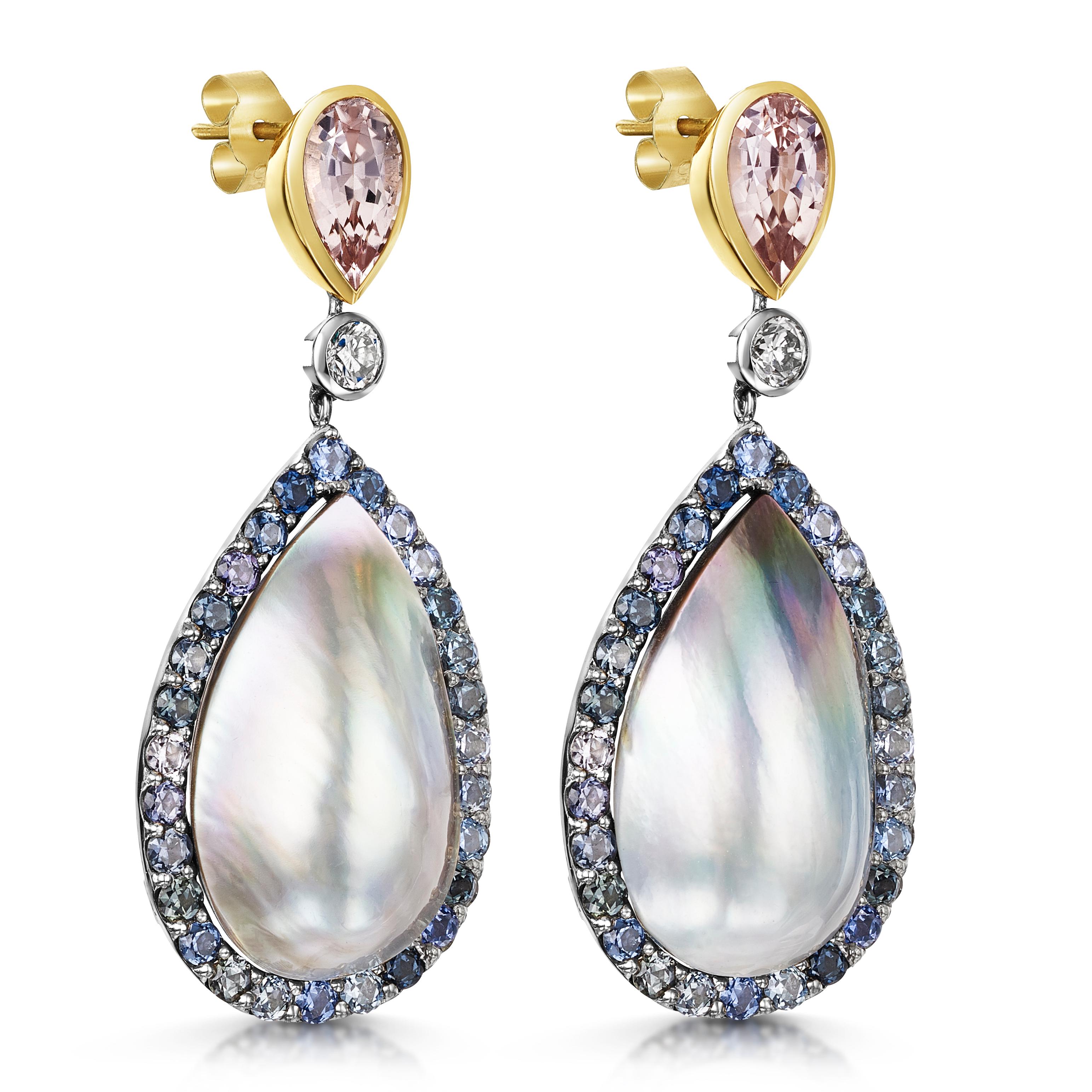 Created by Aventina-Spencer, these one-of-a-kind earrings feature 3.25 carats of Morganite, 0.37 carats of round brilliant cut G/VS diamonds, 3.03 carats of natural, traceable and unheated Madagascan Color Change Sapphires and luminous Conscious