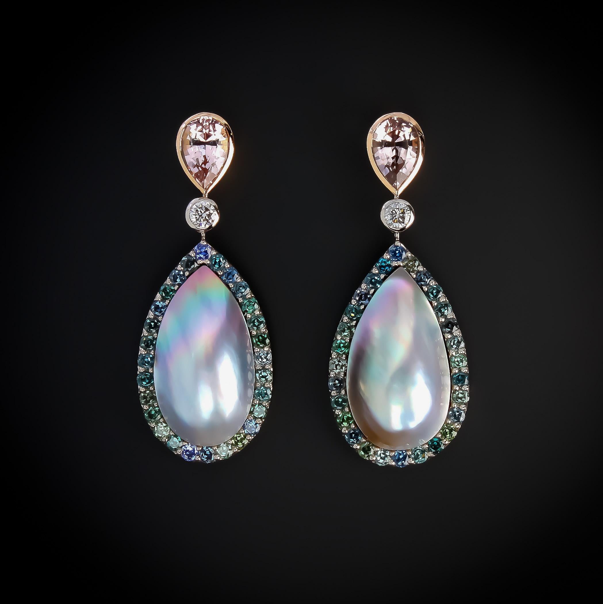 Contemporary Aventina-Spencer, Morganite, Diamond, Sapphire and Tahitian Mabé Pearl Earrings For Sale