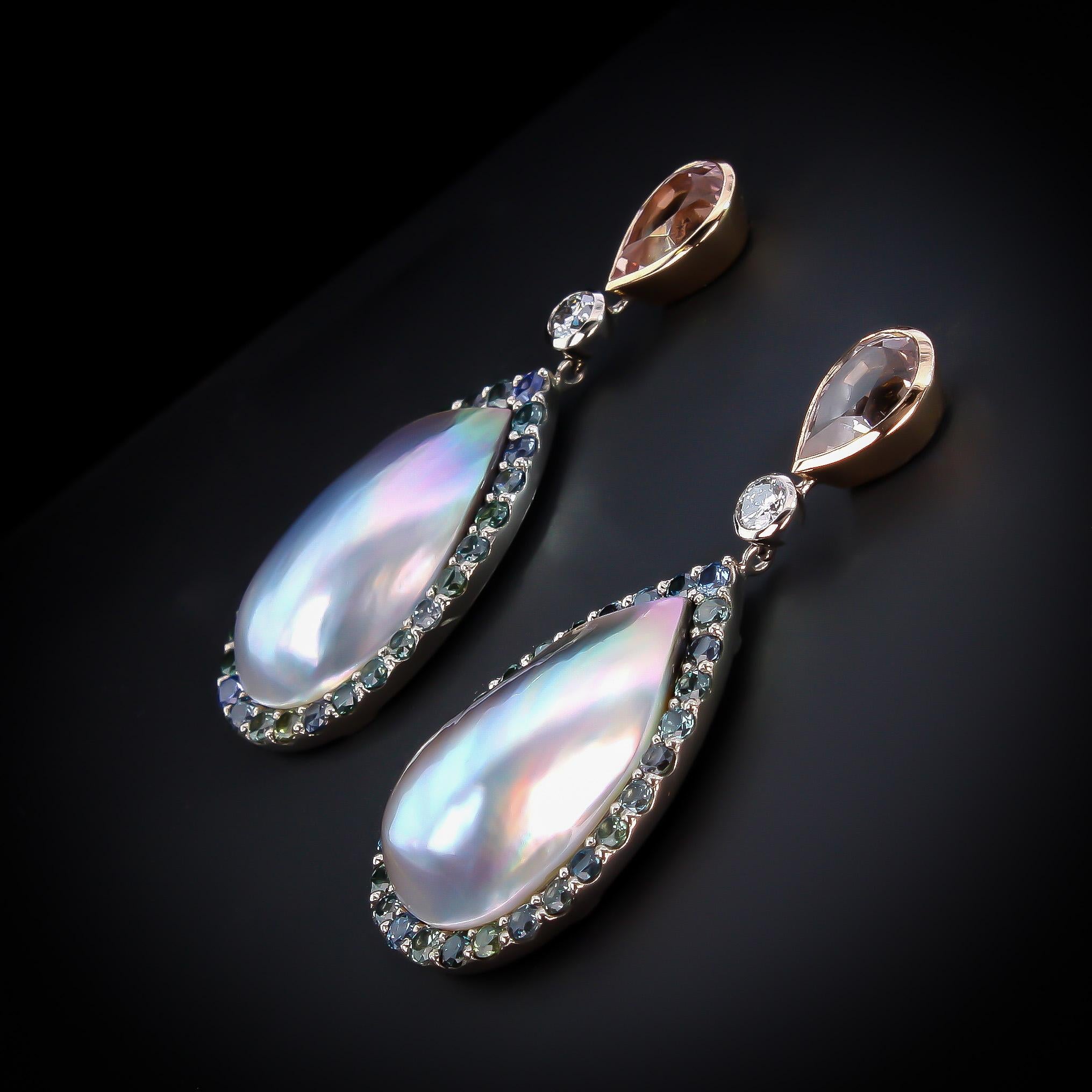 Pear Cut Aventina-Spencer, Morganite, Diamond, Sapphire and Tahitian Mabé Pearl Earrings For Sale