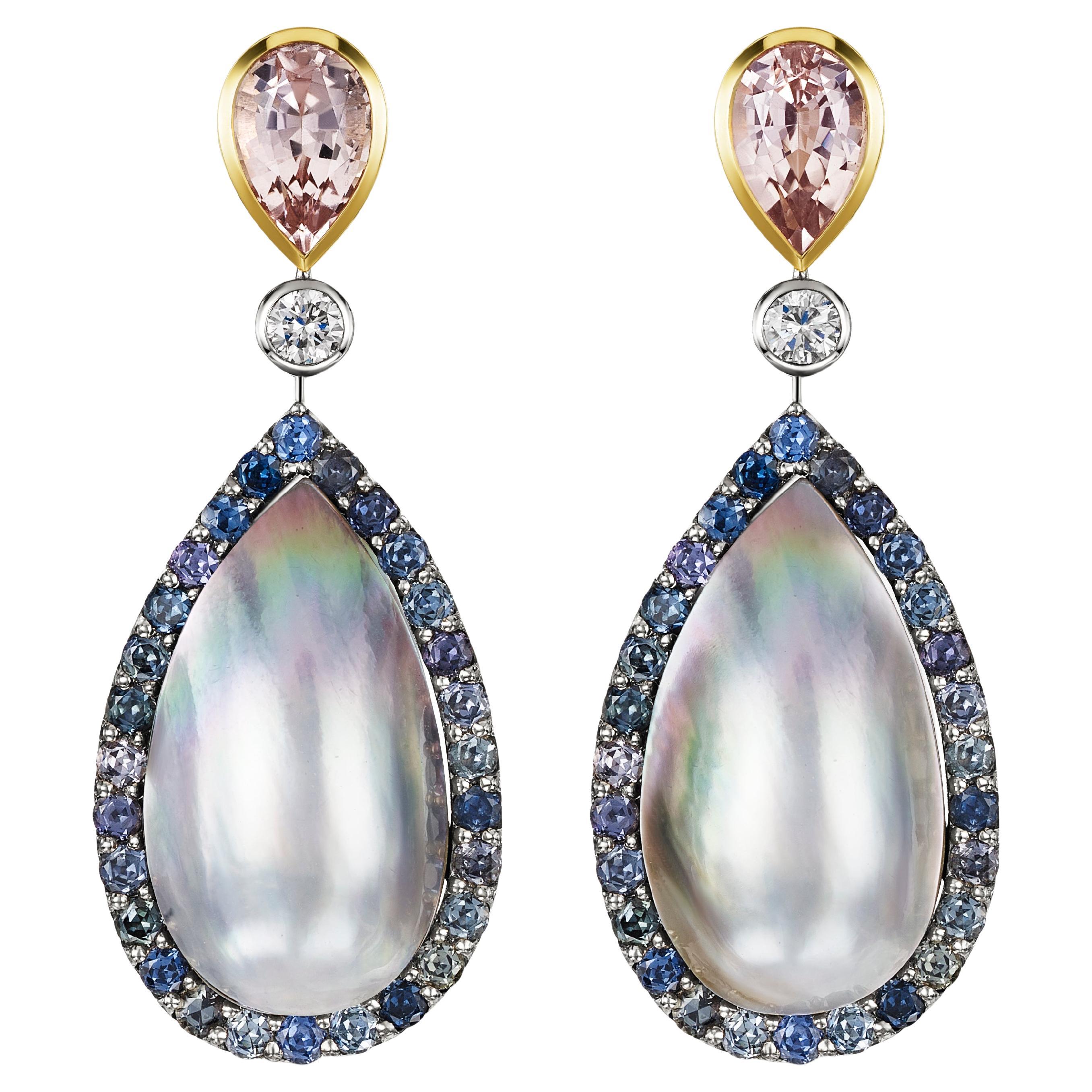 Aventina-Spencer, Morganite, Diamond, Sapphire and Tahitian Mabé Pearl Earrings For Sale