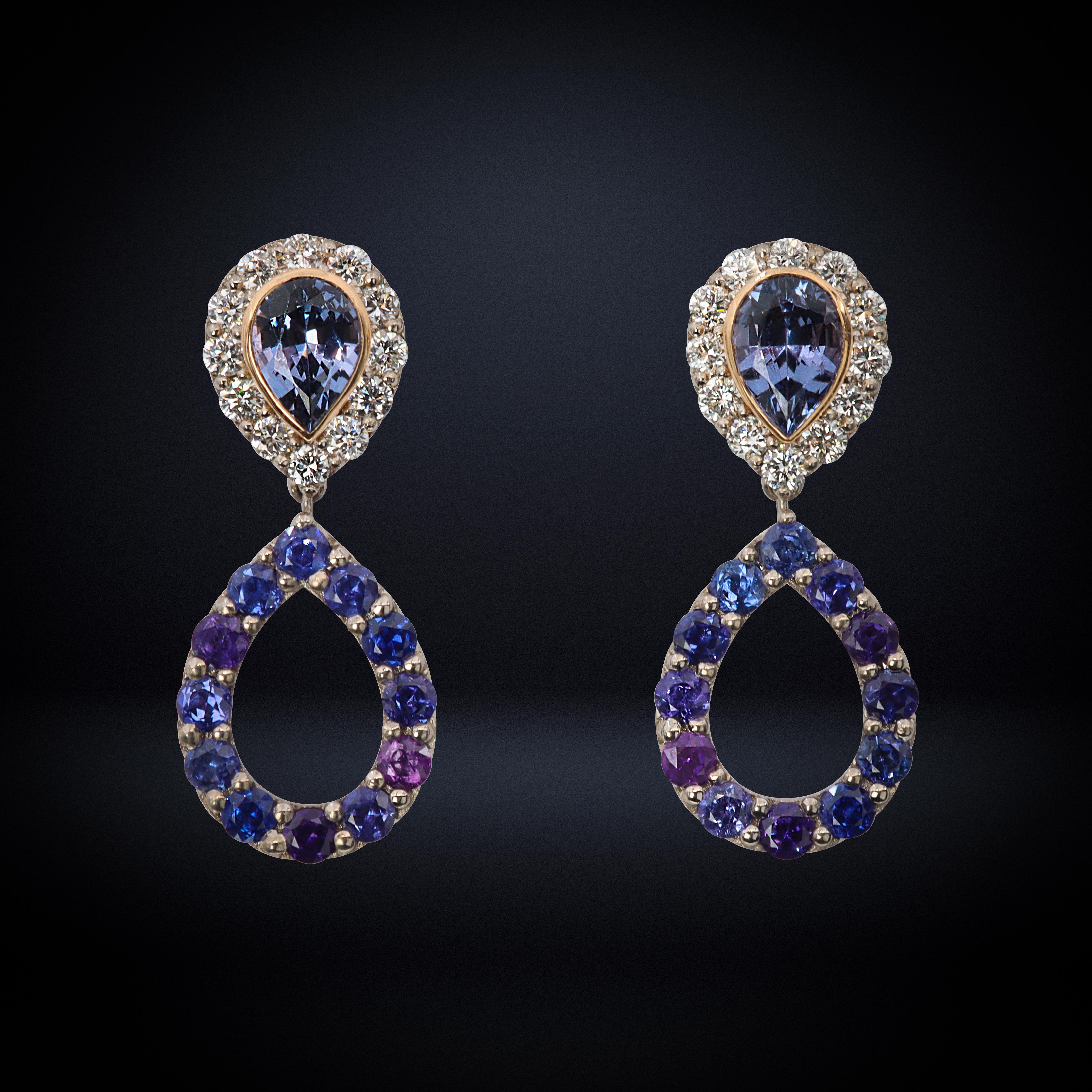 Mixed Cut Aventina-Spencer, Natural Colour Change Sapphire, Diamond and Spinel Earrings For Sale