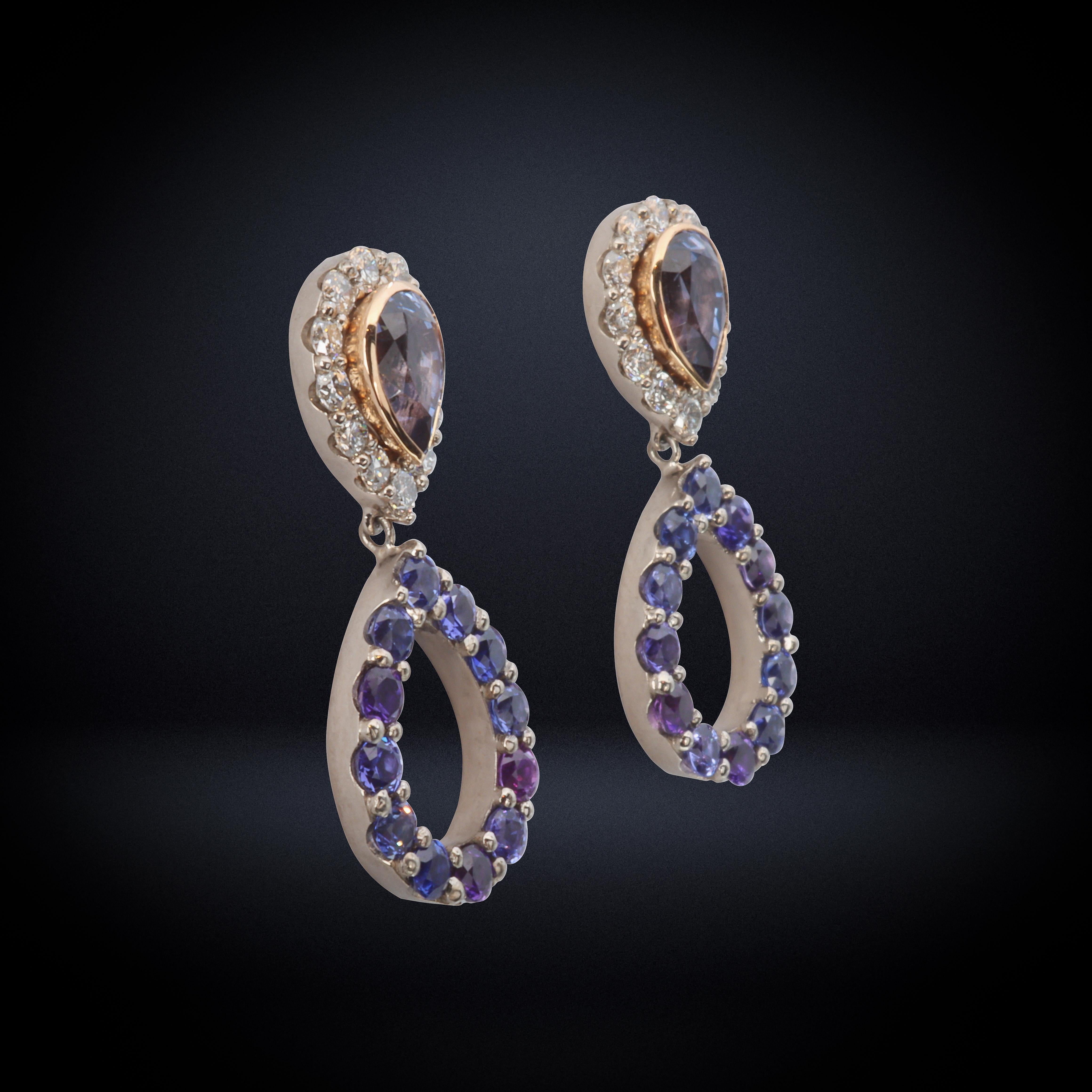 Aventina-Spencer, Natural Colour Change Sapphire, Diamond and Spinel Earrings In New Condition For Sale In Ballymena, GB