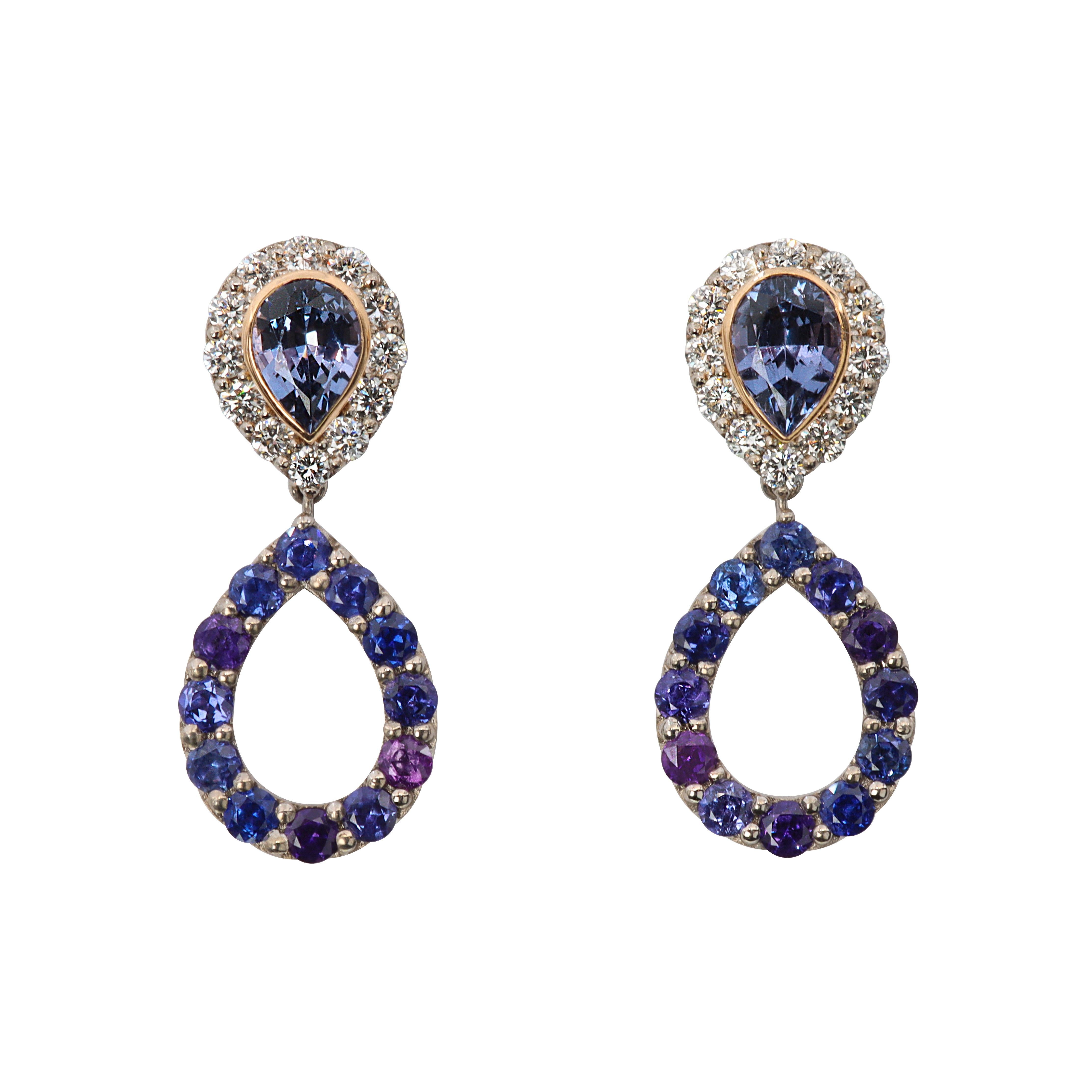 Aventina-Spencer, Natural Colour Change Sapphire, Diamond and Spinel Earrings For Sale
