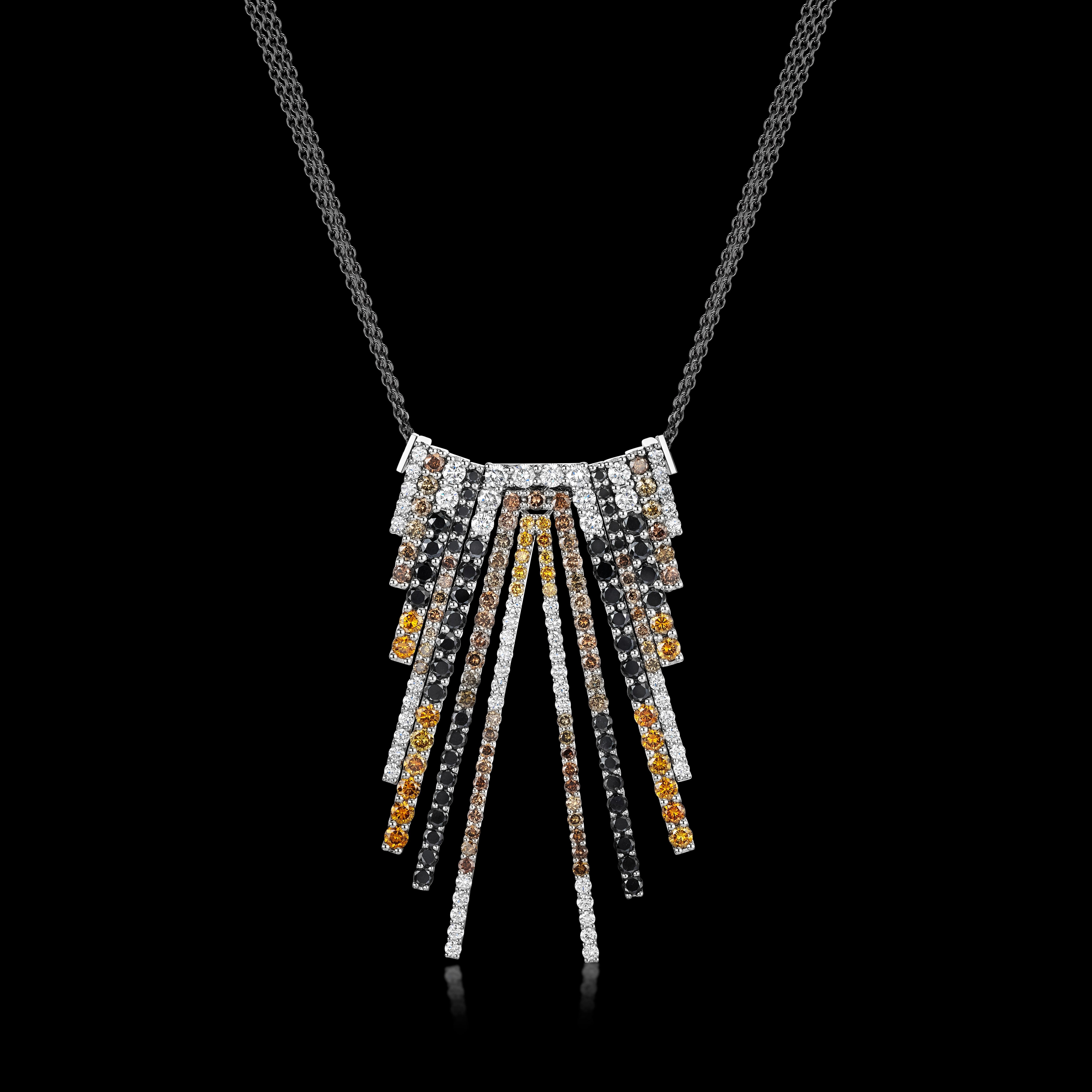 Inspired by the heavens above, The 'Nightsky' Diamond Necklace is a one-of-a-kind creation by Aventina-Spencer featuring an impressive 203 White, Orange, Champagne and Black Diamonds weighting a total of 21.95 carats expertly set in Platinum. 

The