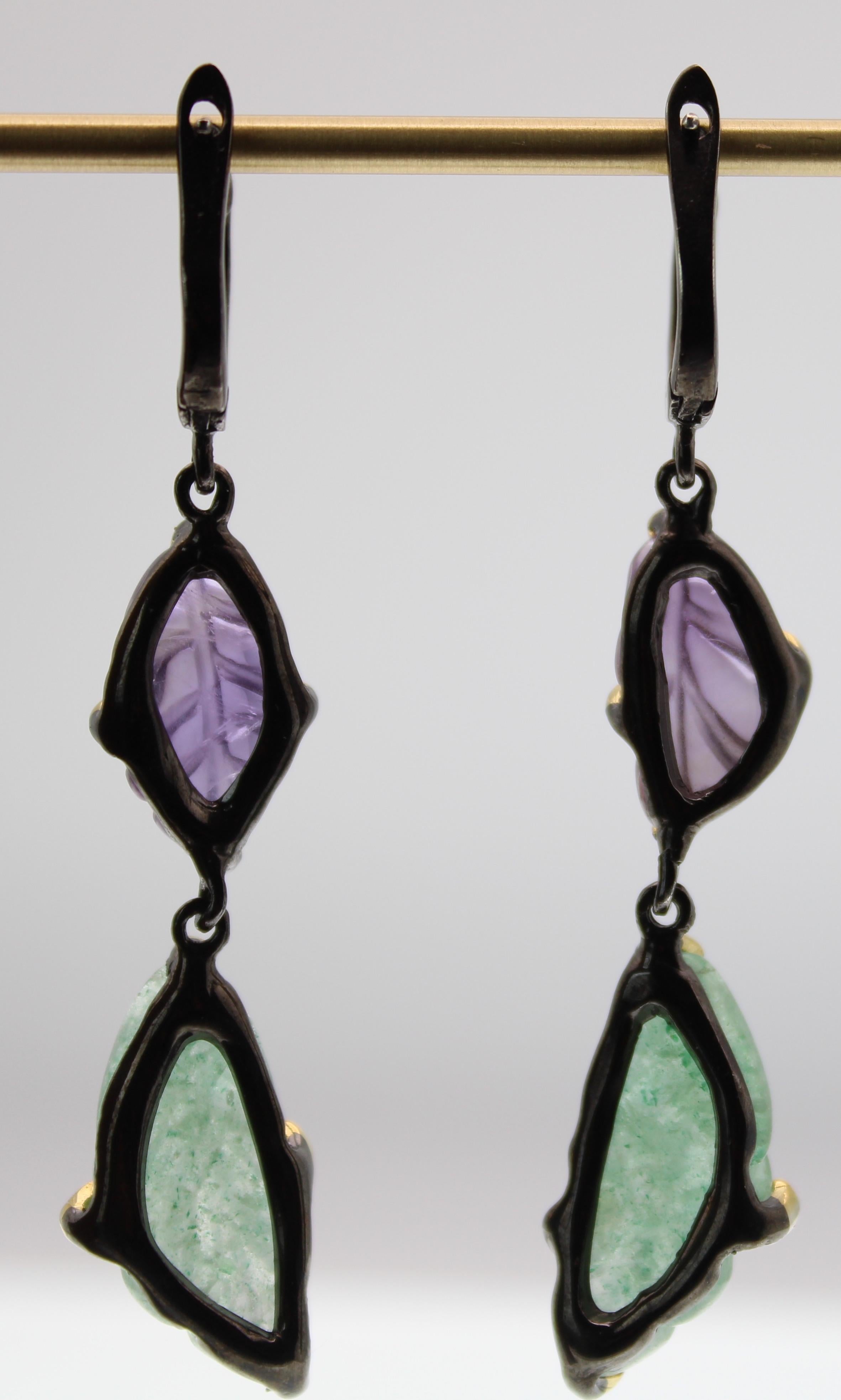 Mixed Cut Aventurine & Amethyst Gold Plated Dangle Earrings For Sale