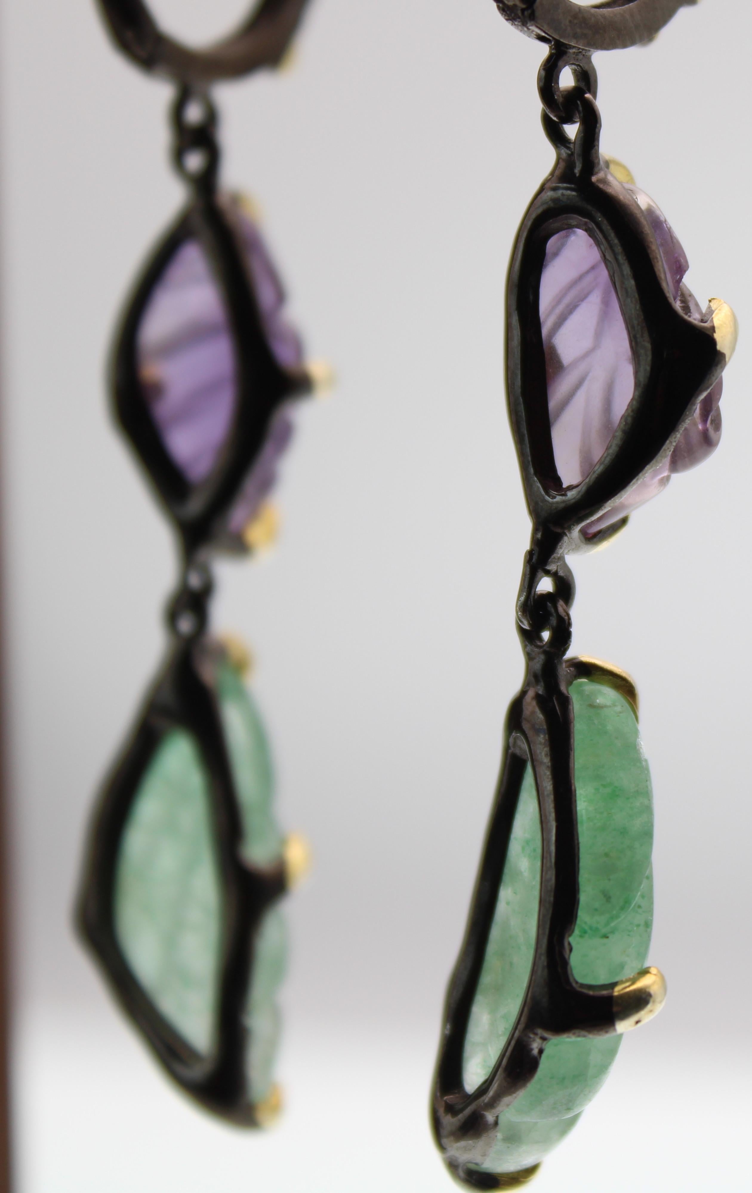 Aventurine & Amethyst Gold Plated Dangle Earrings In New Condition For Sale In Amagansett, NY
