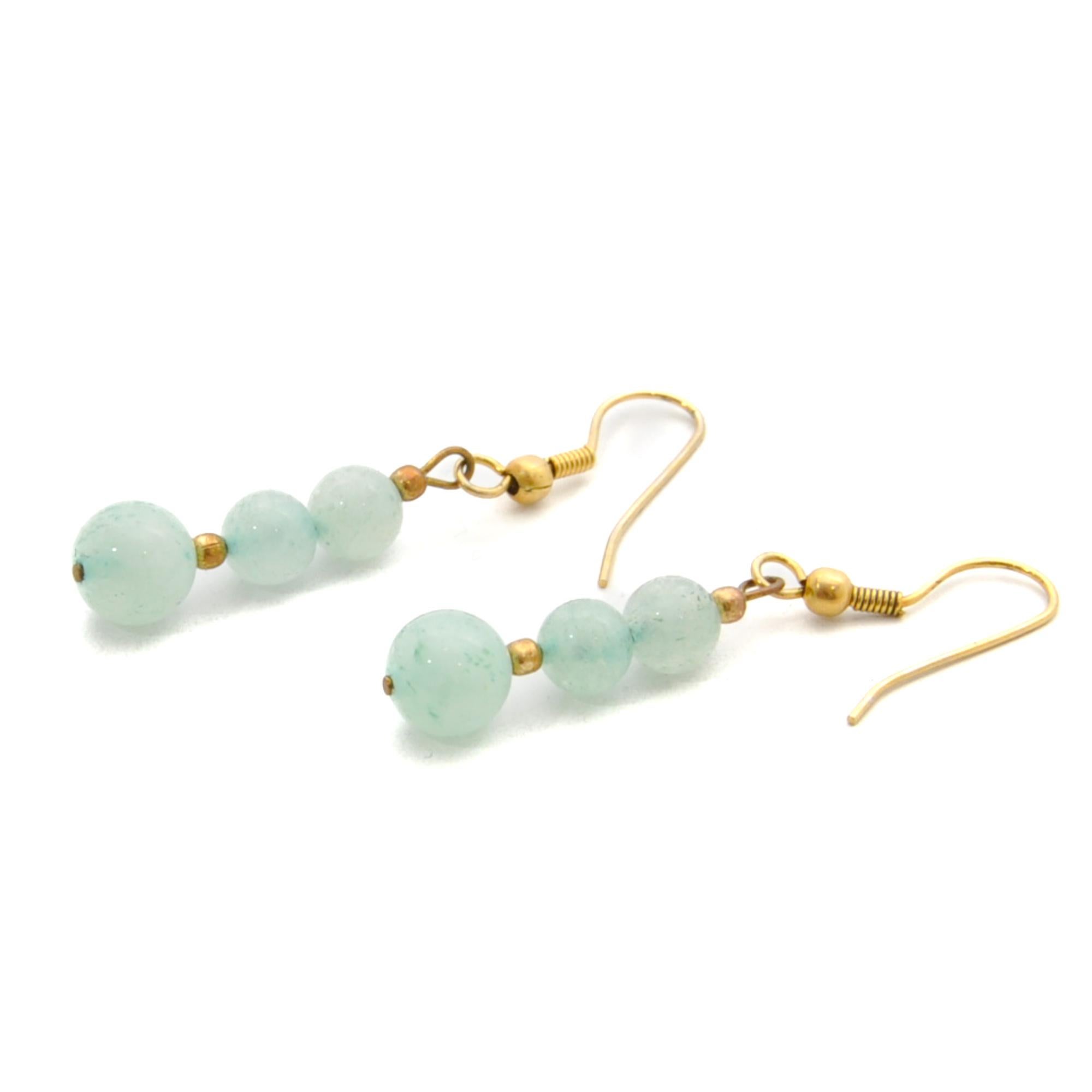 Round Cut Aventurine Bead and Gold Plated Dangle Earrings For Sale