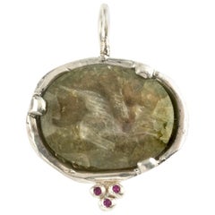 Aventurine Bird Pendant with Three Rubies, Sterling Silver