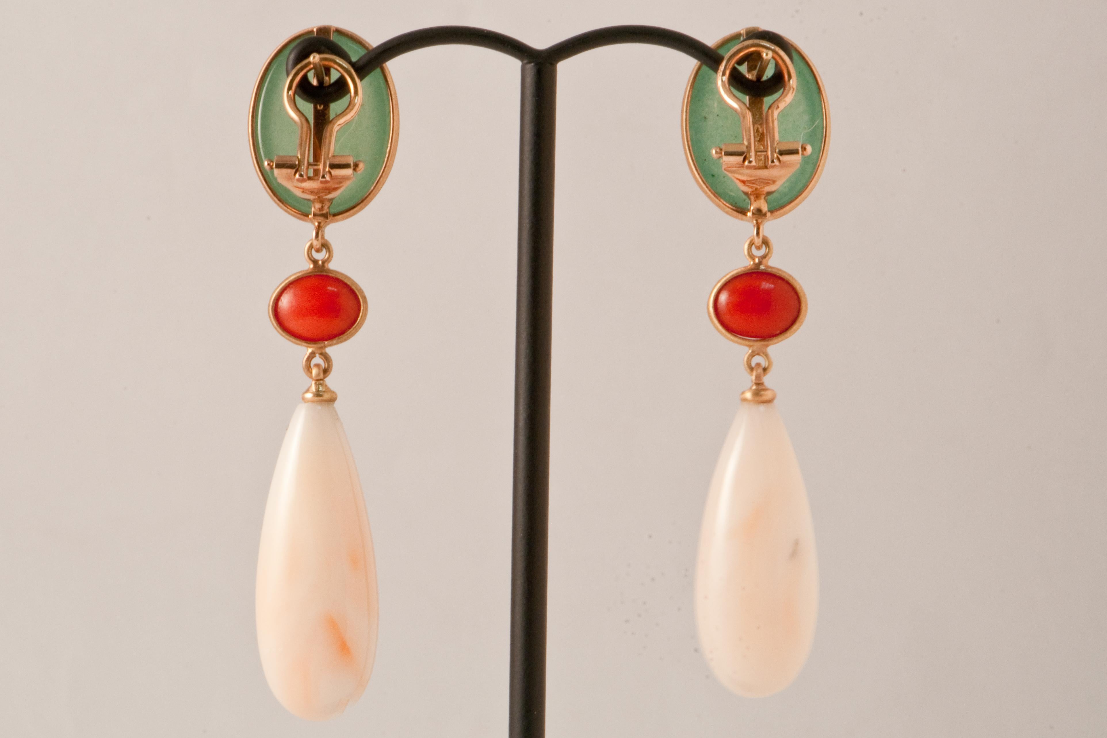 Oval Cut Aventurine, Coral, Angel Skin Coral and Pink Gold Chandelier Earrings For Sale