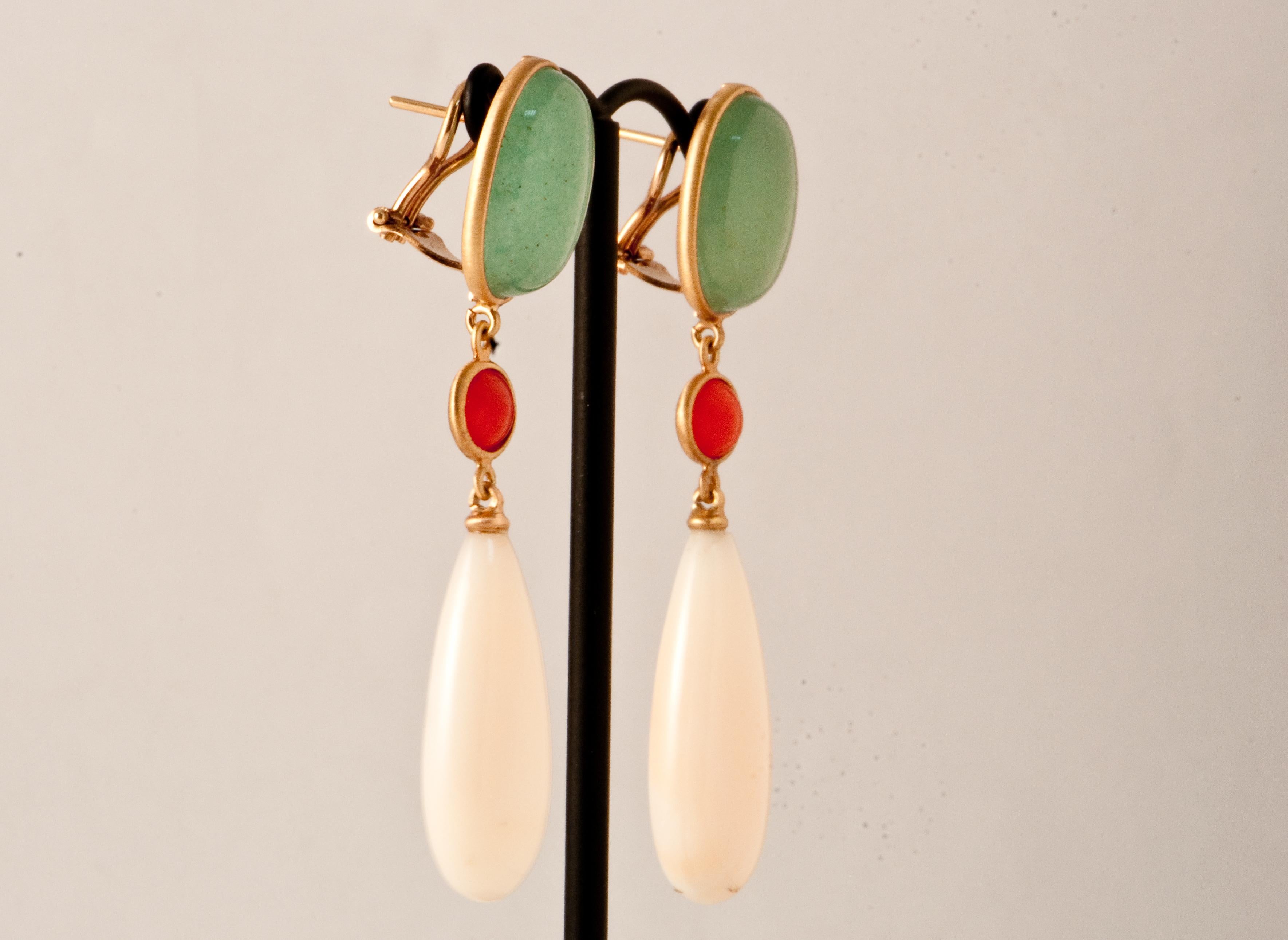 Women's Aventurine, Coral, Angel Skin Coral and Pink Gold Chandelier Earrings For Sale