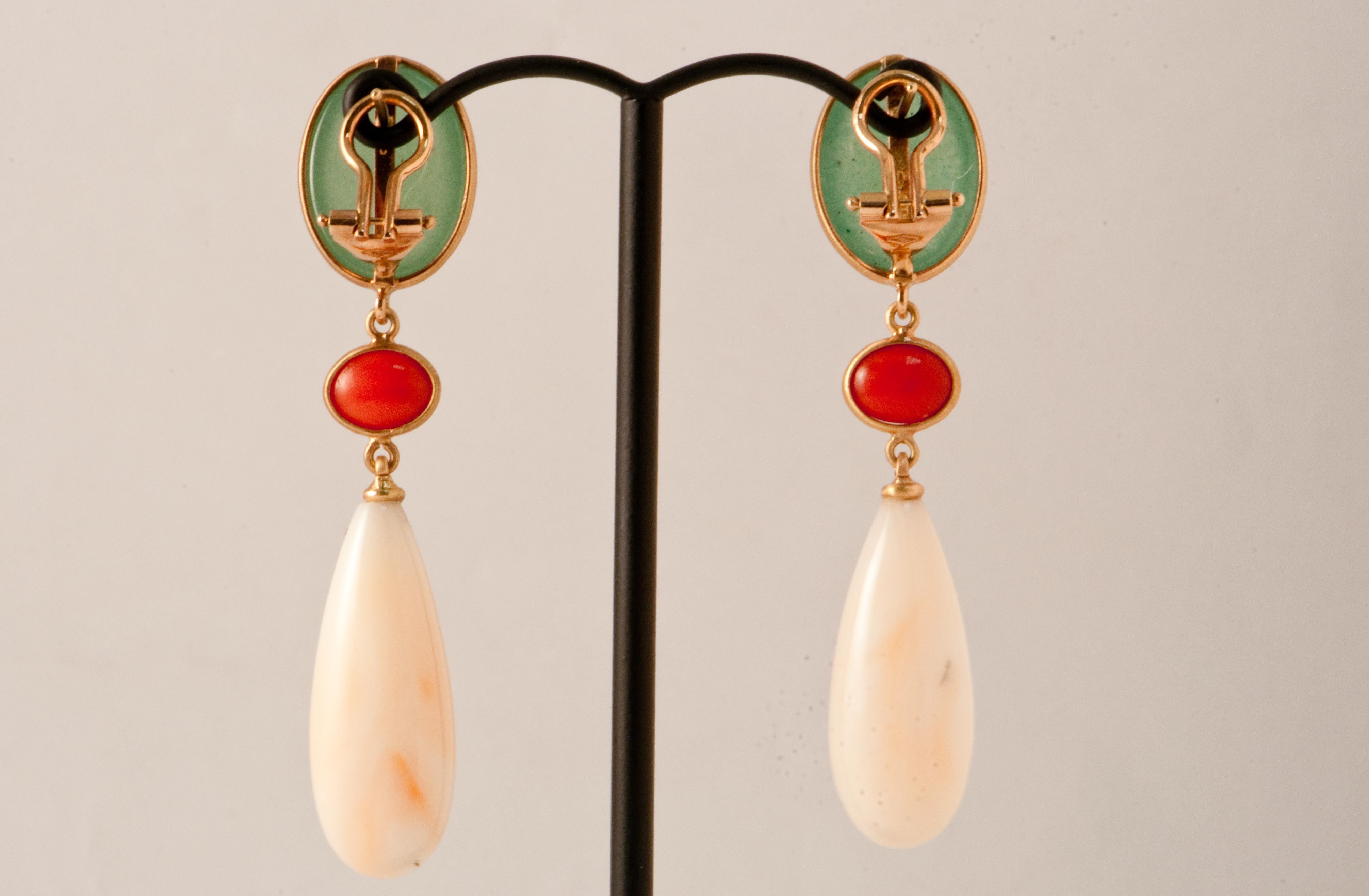Oval Cut Aventurine, Coral, Angel Skin Coral and Pink Gold Chandelier Earrings