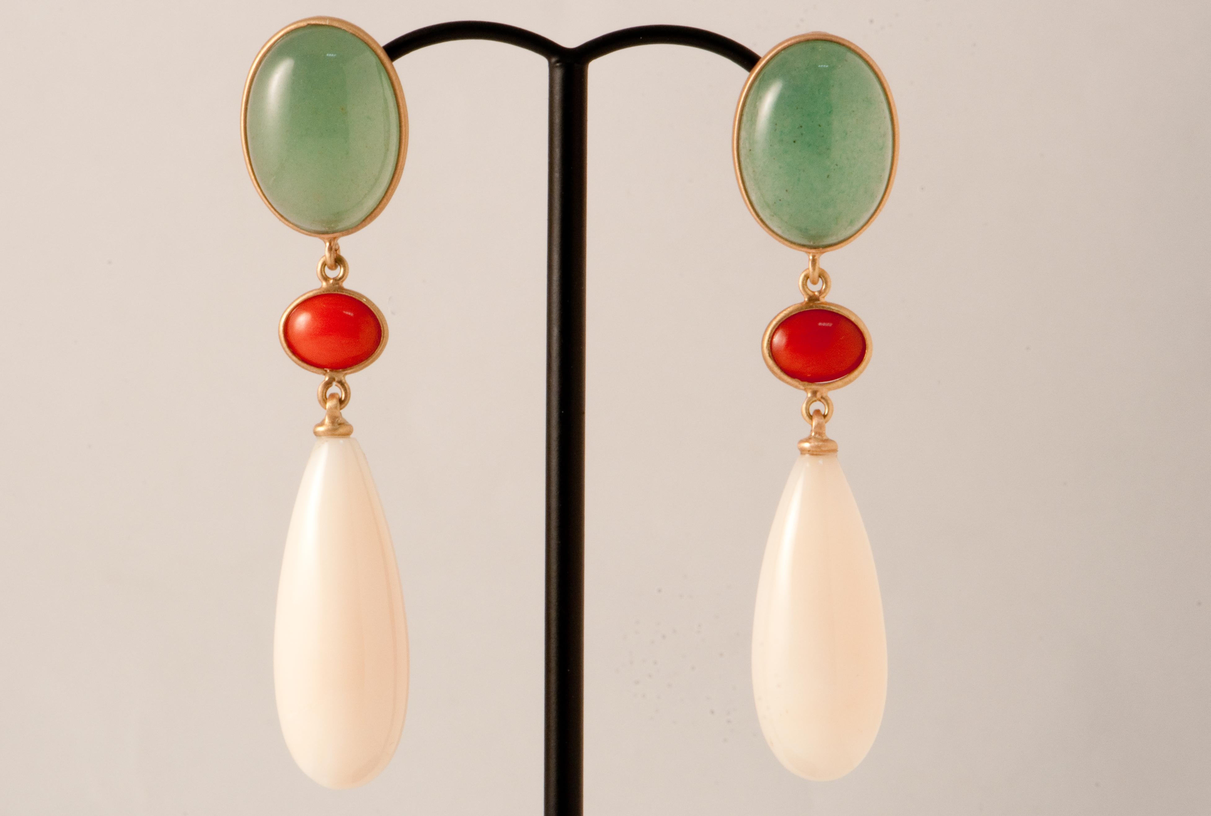 Aventurine, Coral, Angel Skin Coral and Pink Gold Chandelier Earrings In New Condition In Vannes, FR