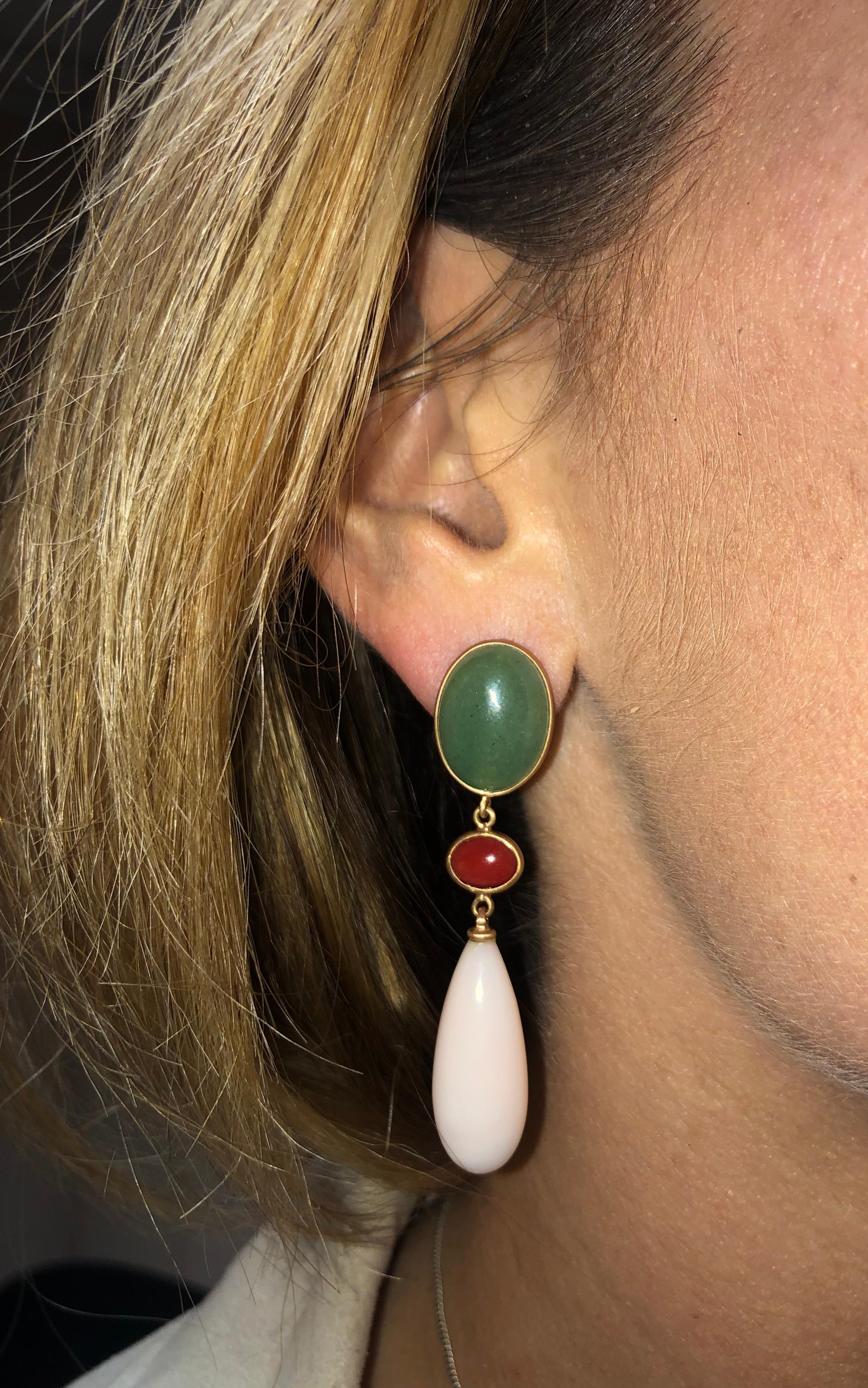 Women's Aventurine, Coral, Angel Skin Coral and Pink Gold Chandelier Earrings