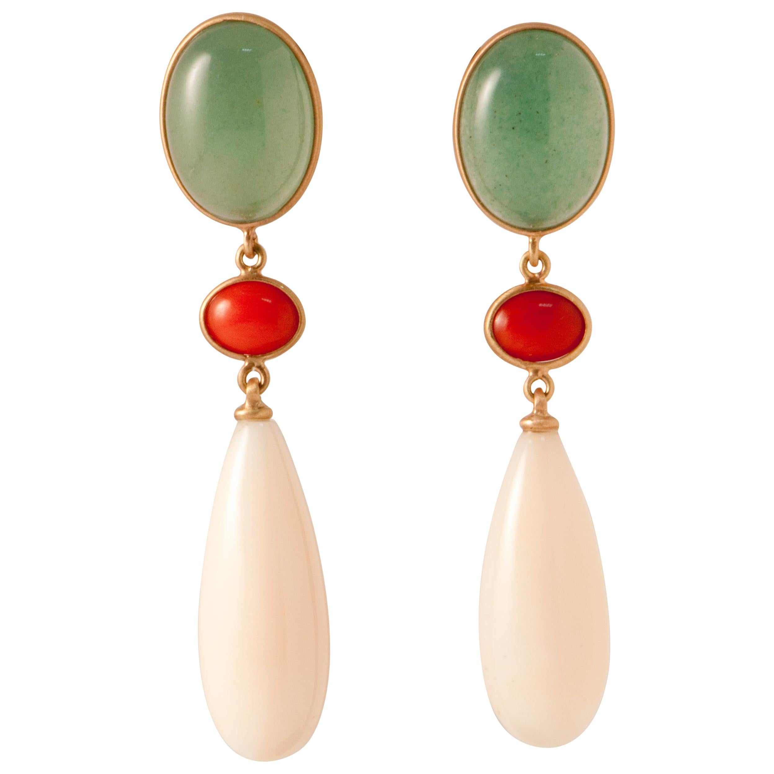 Aventurine, Coral, Angel Skin Coral and Pink Gold Chandelier Earrings For Sale