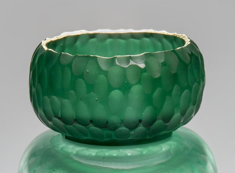 Organic Modern Aventurine Geode Jar, a Green Cast Glass Sculpture with Gold by Angela Jarman For Sale