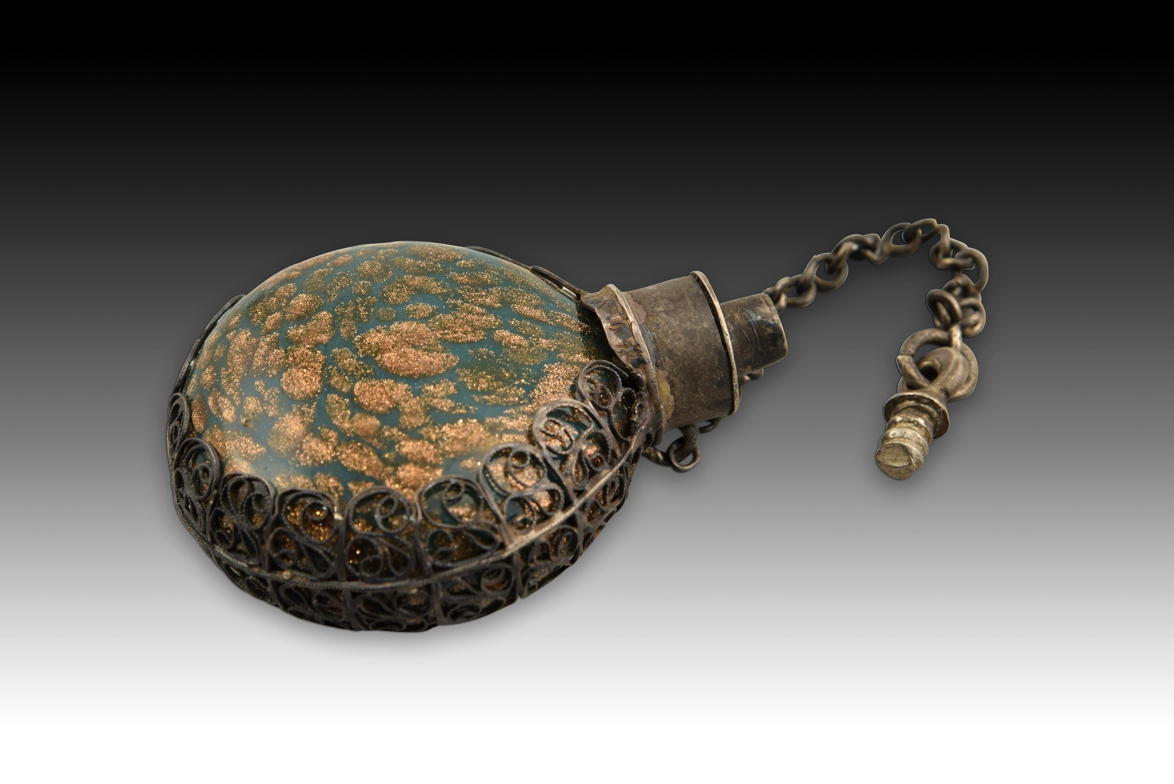 European Aventurine Glass and Silver Perfume Bottle, Possibly Venetia and Others, 17th C
