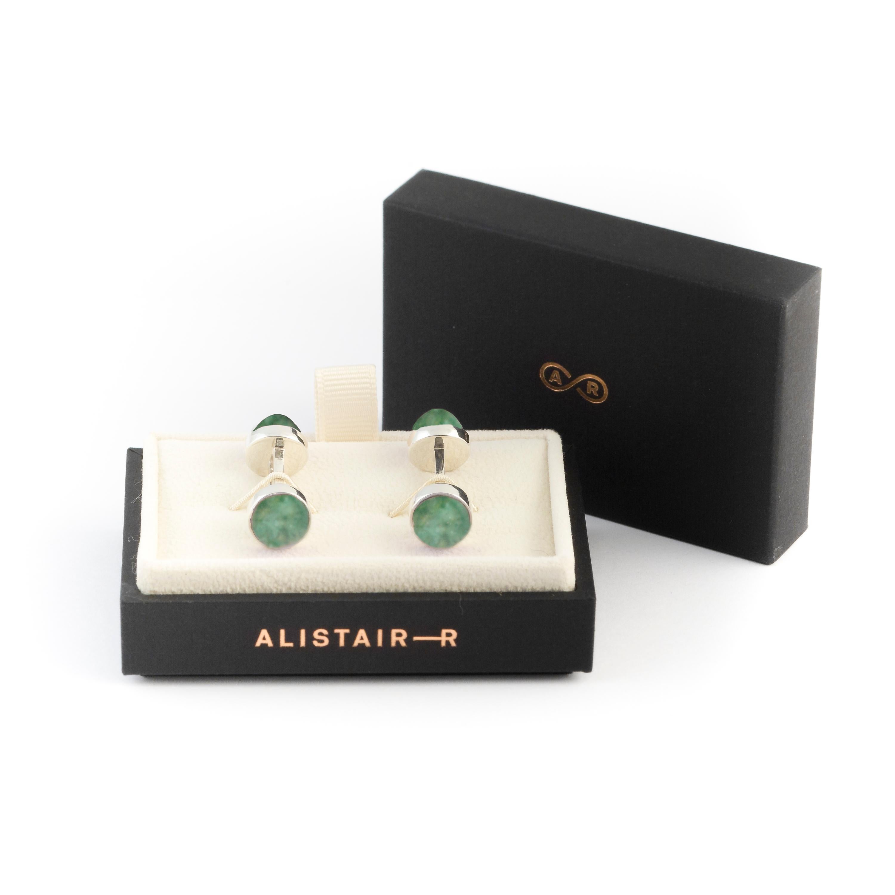 Double-sided Round Cabochon Aventurine cufflinks from the Cairn Collection

Our elegant cufflinks are designed and handmade in our UK workshop. The Cairn cufflinks are double sided; with two round cabochon cut stones set into a classic bezel setting
