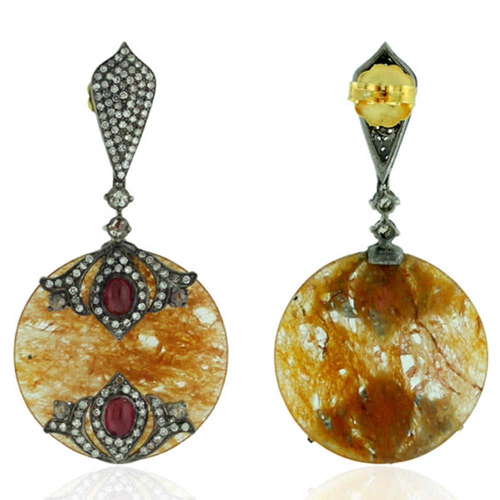 Artisan Aventurine & Ruby Earrings with Pave Diamonds Made in 18k Yellow Gold & Silver For Sale