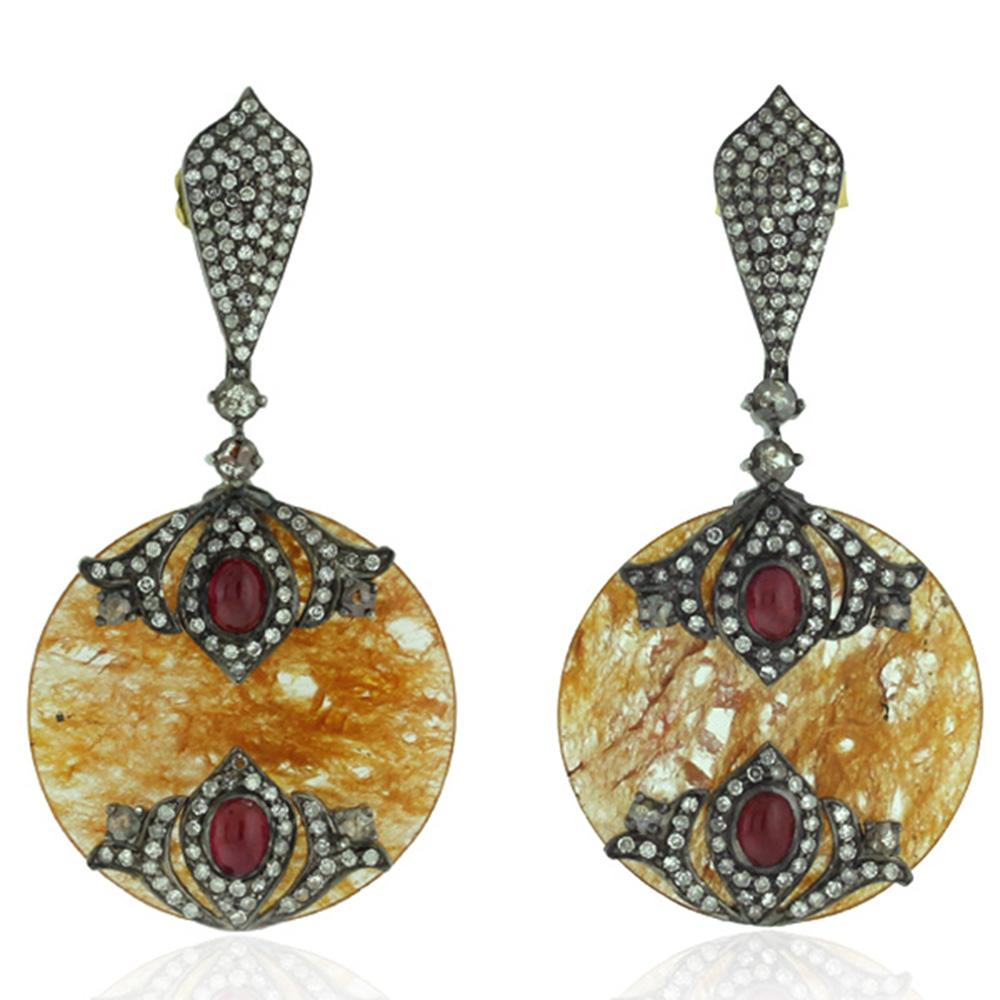 Mixed Cut Aventurine & Ruby Earrings with Pave Diamonds Made in 18k Yellow Gold & Silver For Sale