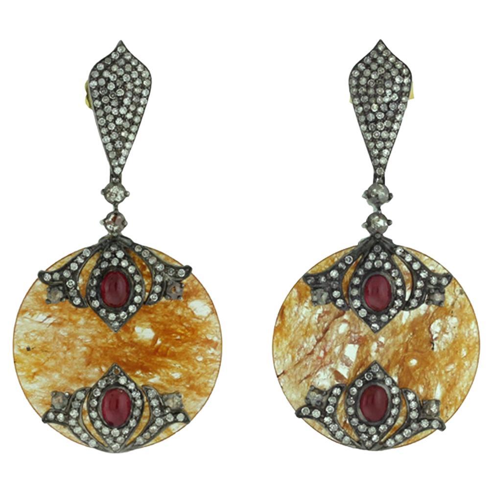 Aventurine & Ruby Earrings with Pave Diamonds Made in 18k Yellow Gold & Silver