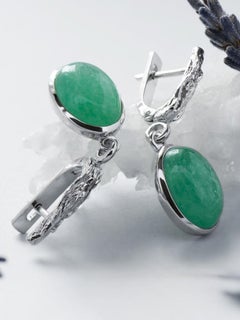 Aventurine Silver Earrings Vintage Cabochon Sea Green Flower Gemstone