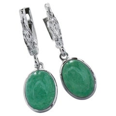 Aventurine Silver Earrings Vintage Cabochon Sea Green Flower Gemstone
