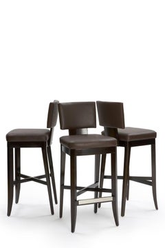 Avenue Bar Stool in Brown Leather with Dark Wood Finish by Powell & Bonnell