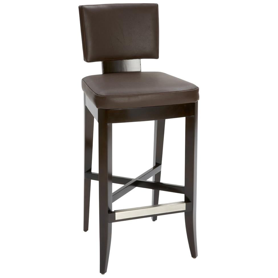 Avenue Bar Stool in Brown Leather with Dark Wood Finish by Powell & Bonnell For Sale